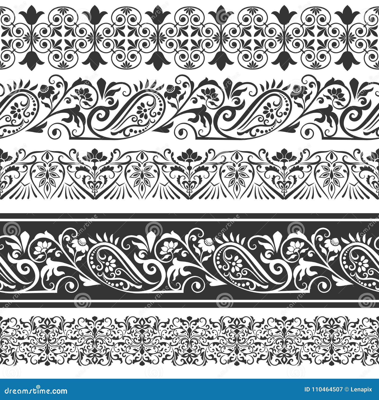 Seamless Floral Ornamental Borders Set Stock Vector - Illustration of
