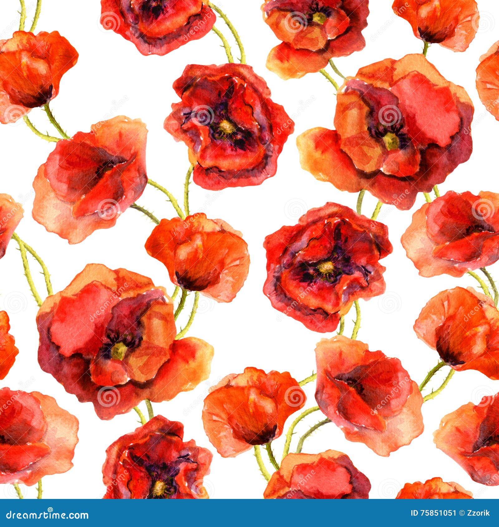 Seamless Floral Wallpaper with Colorful Poppies. Watercolor Painting ...