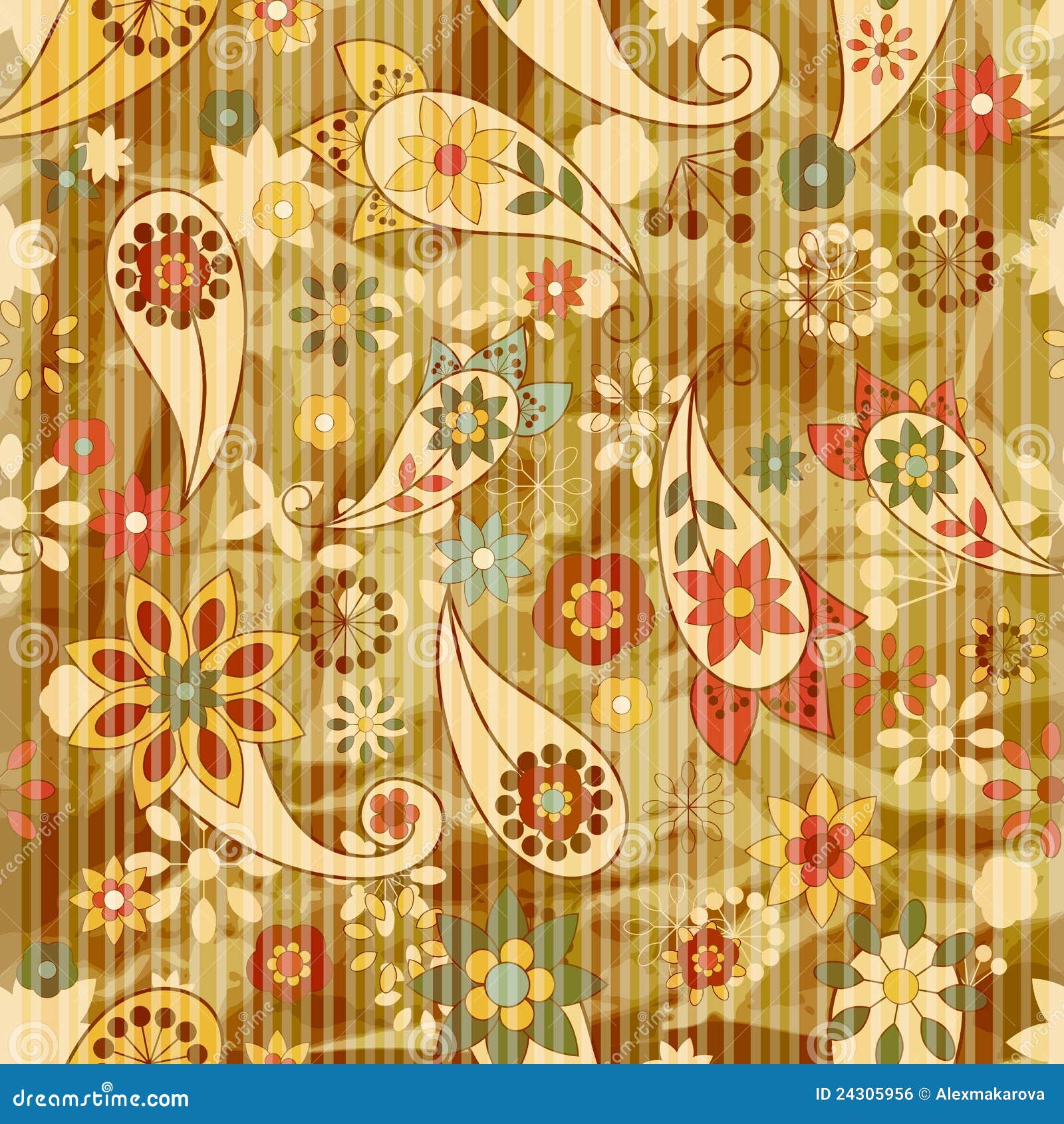 Seamless Floral Wallpaper On Striped Background Stock Vector