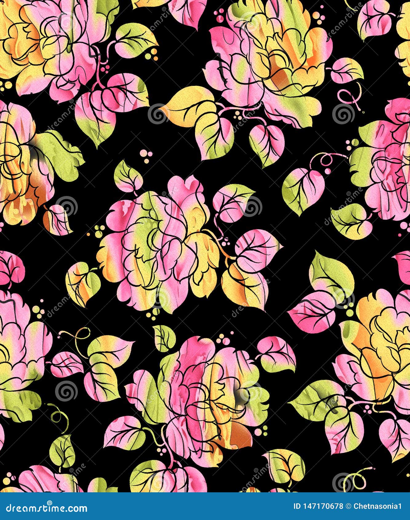 Seamless Flower Digital Effect with Black Background Stock Illustration