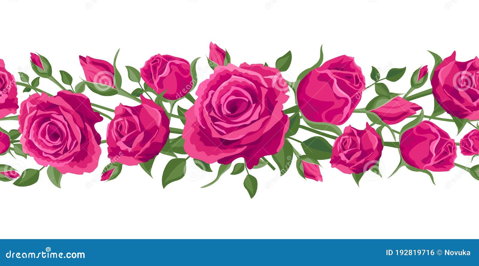 Seamless Flower Garland. Hot Pink Roses with Leaves. Vector