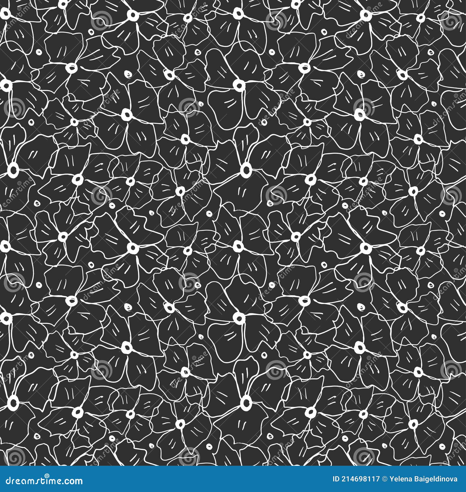 Seamless Flowers with White Outline on a Black Background Stock