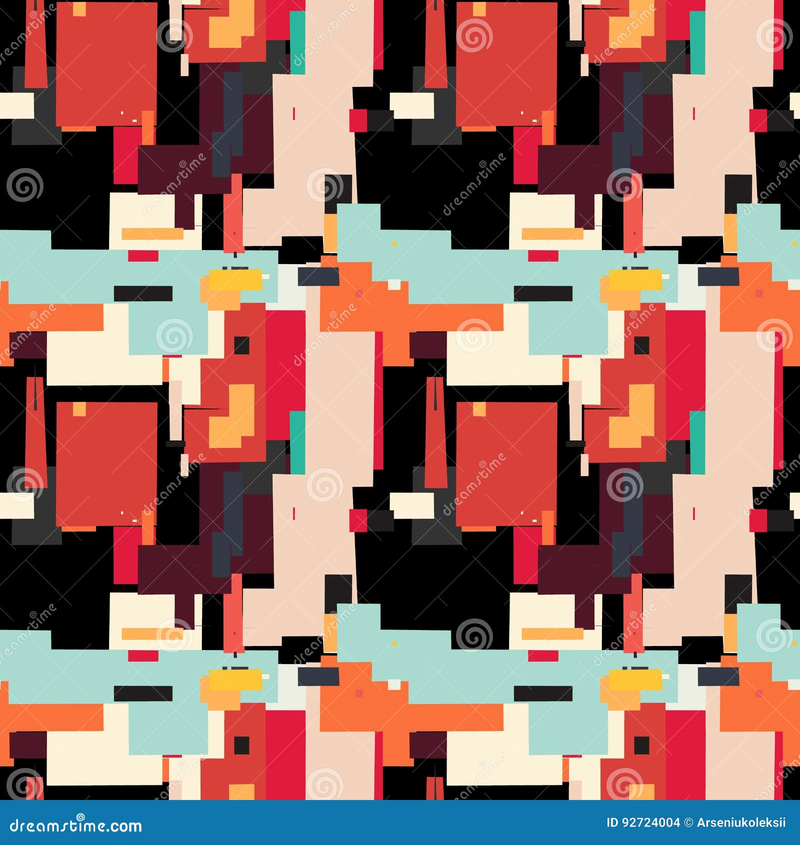 Seamless geometric pattern. Abstract background with messy rectangle elements. Colorful squares on black backdrop