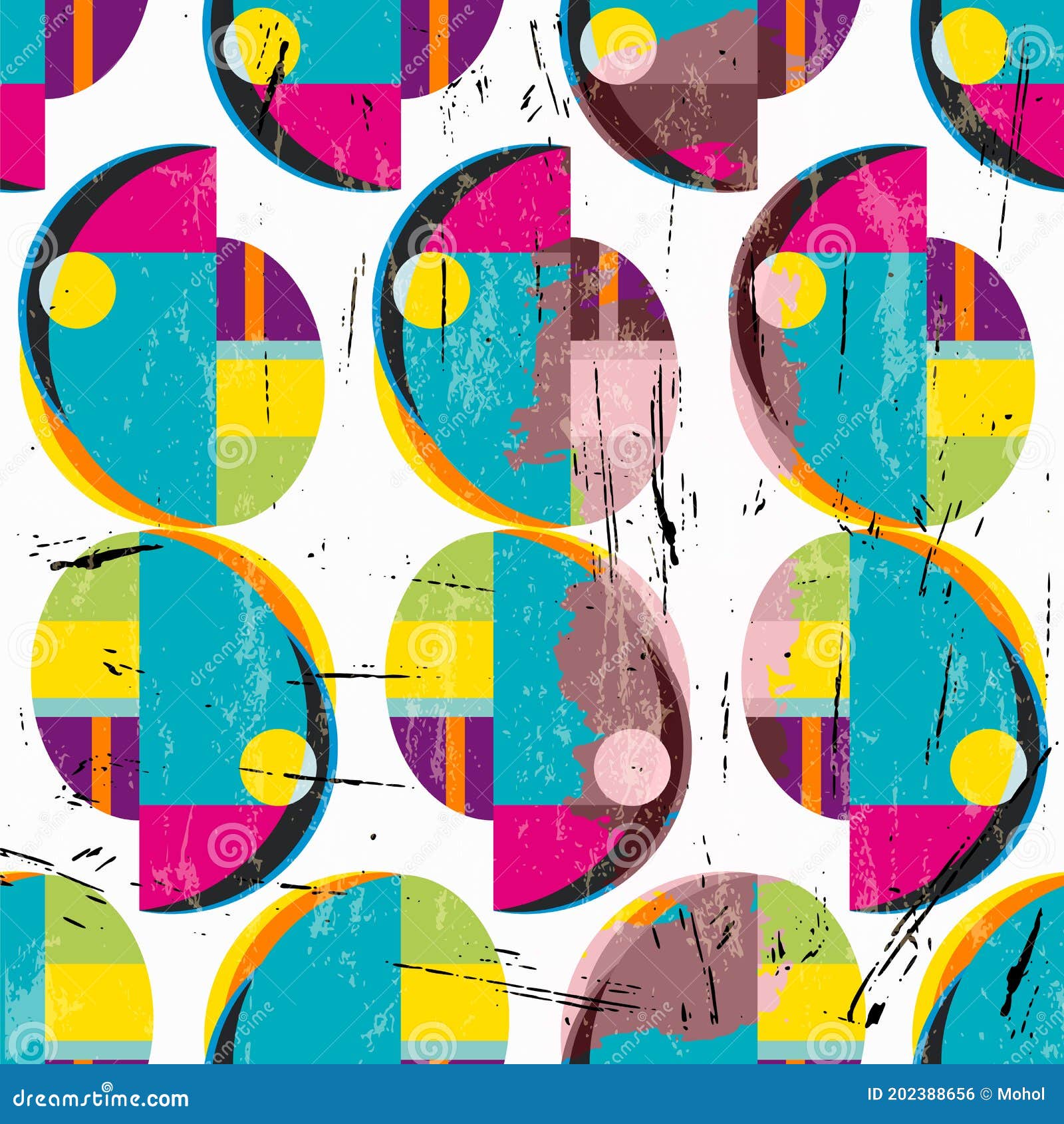 seamless geometric artwork, inspired by abstract art of the 1920 with circles, paint strokes and splashes