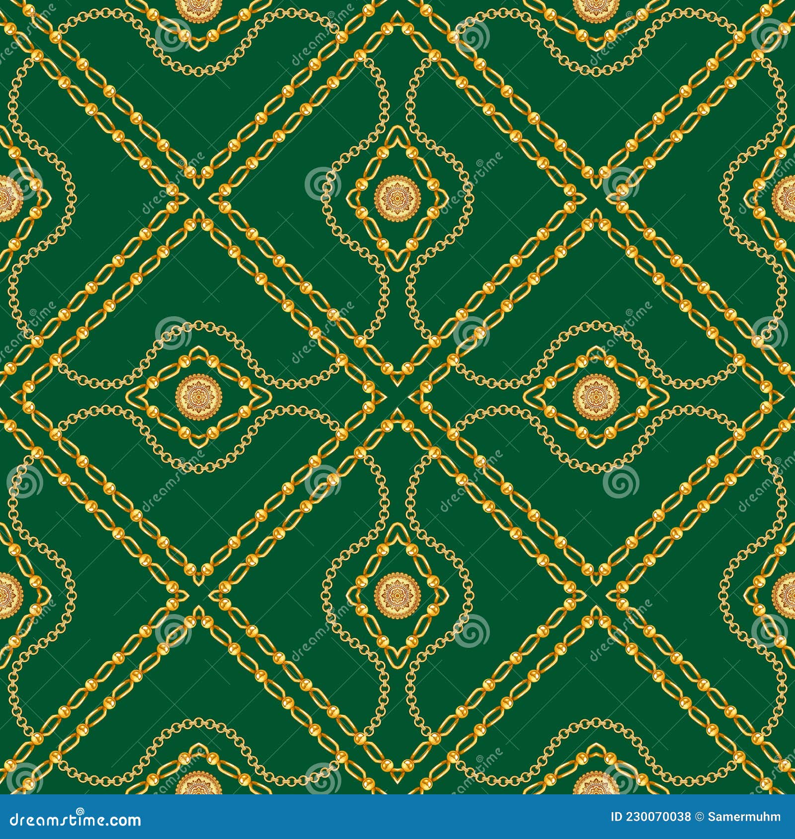 Seamless Golden Chains Pattern, on Dark Green Background. Ready for ...