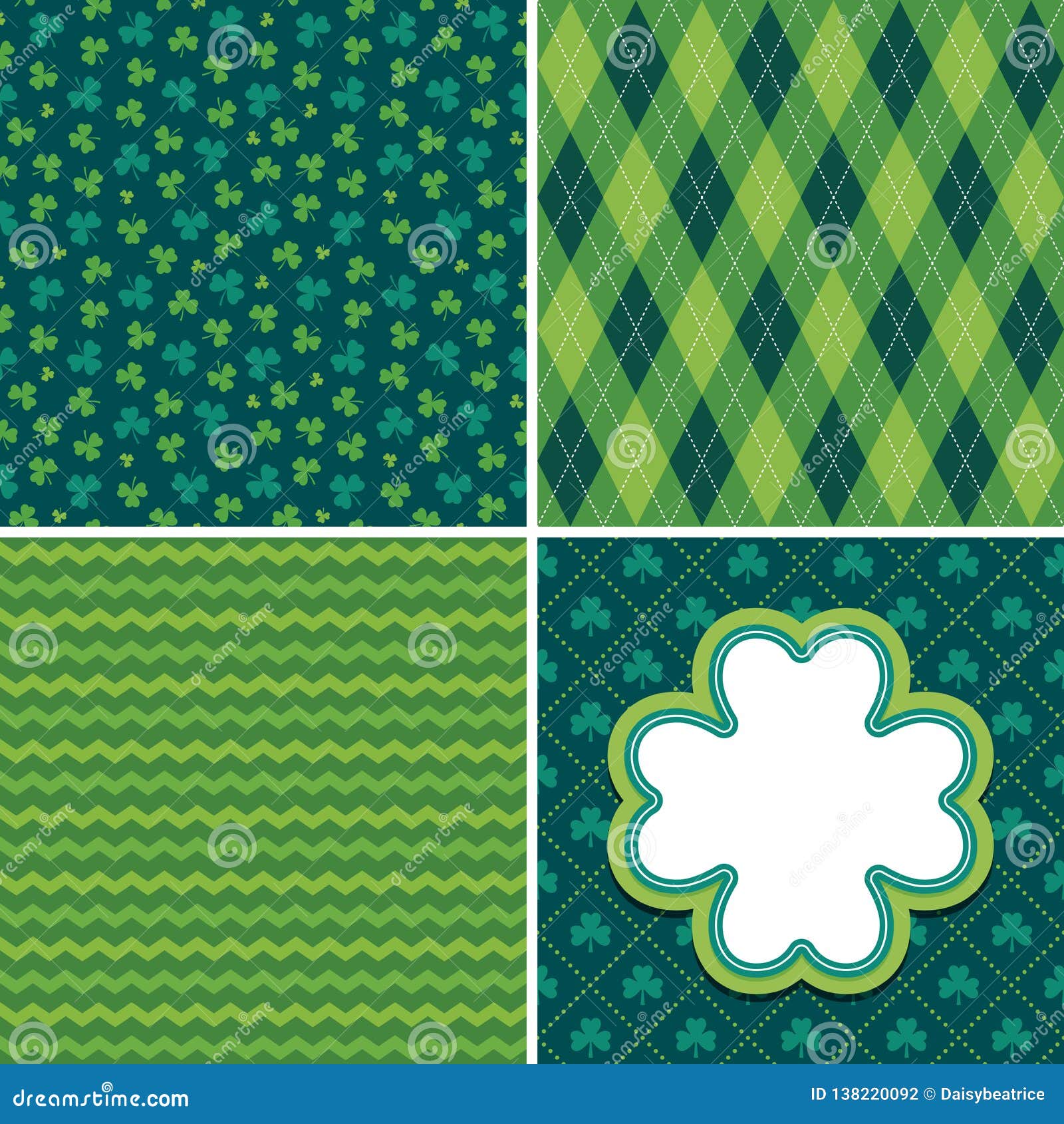 Seamless Green Irish Patterns And Shamrock Card Set 1 Stock Vector Illustration of retro