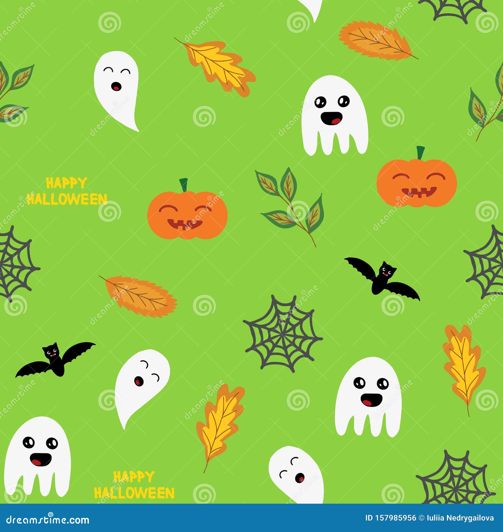 Seamless Halloween Background with Ghosts, Pumpkin, Spider Web and Autumn  Leaves, in Green, Vector Stock Vector - Illustration of card, celebration:  157985956