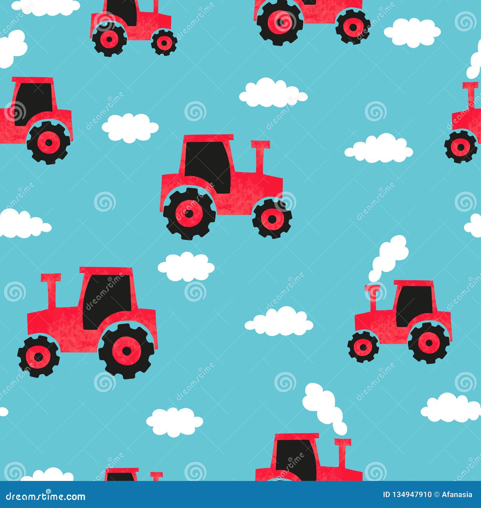 Seamless Hand Drawn Red Tractor Pattern for Kids Design Stock Vector