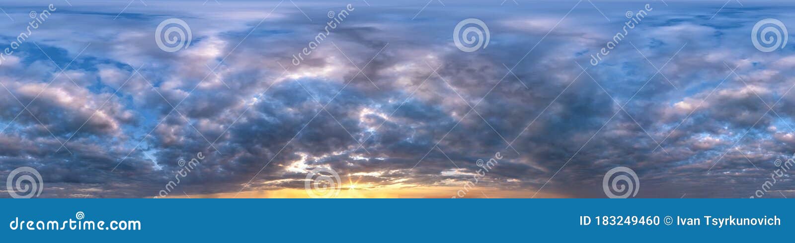 seamless hdri panorama 360 degrees angle view blue pink evening sky with beautiful clouds before sunset with zenith for use in 3d