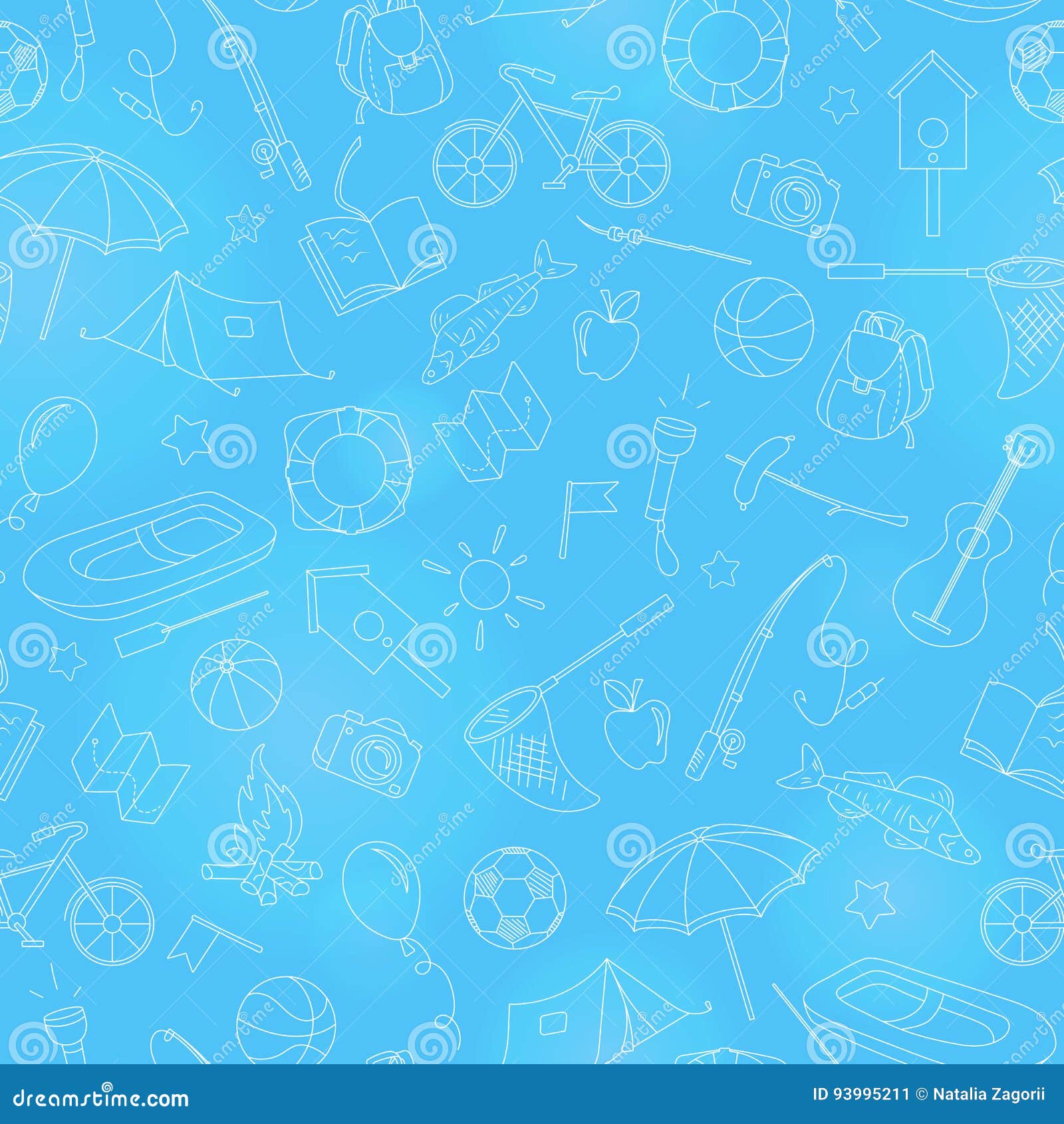 seamless  on the theme of summer camp and vacations, simple contour icons, white contour on a blue background