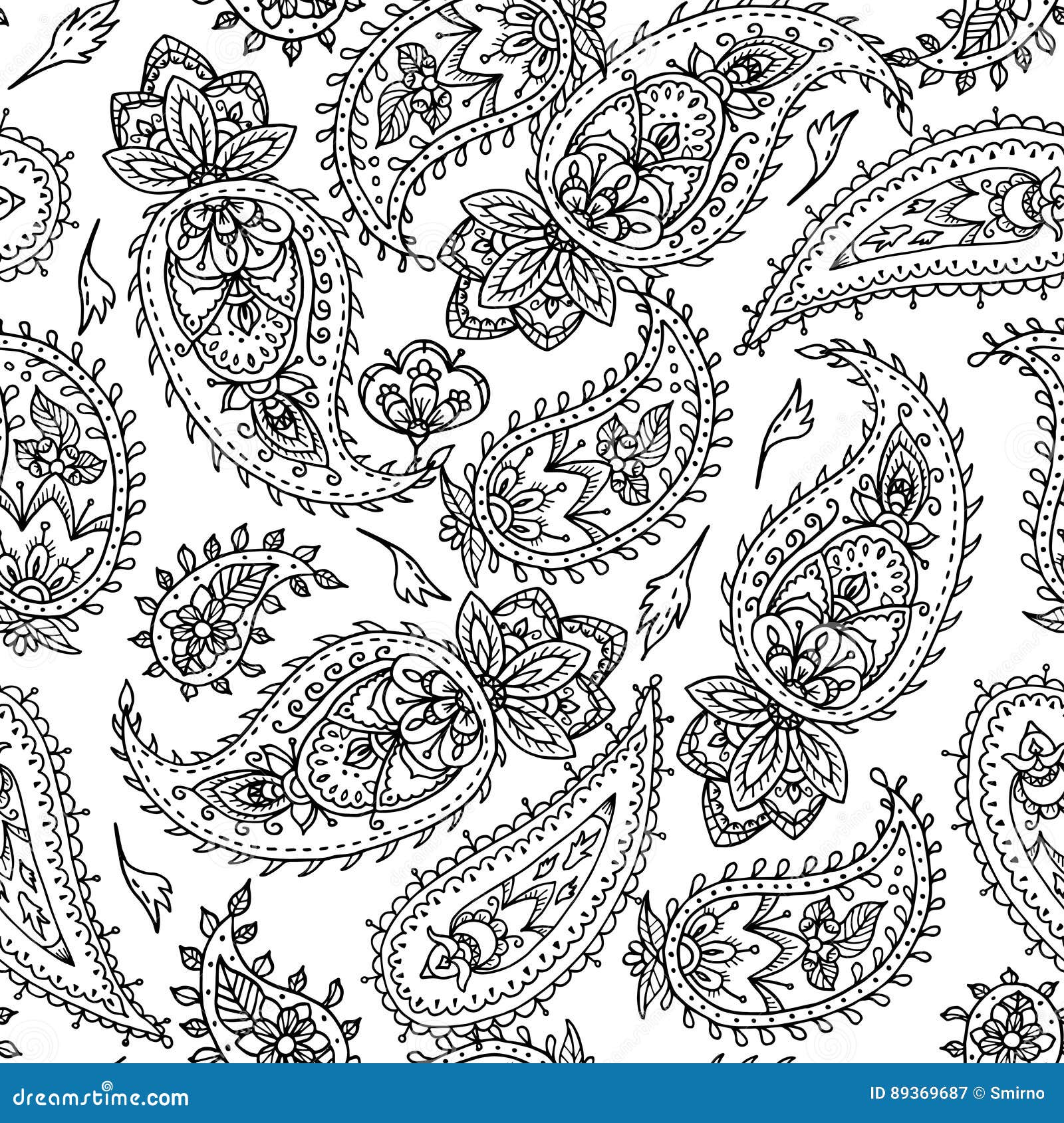 Download Seamless Indian Paisley Pattern Black And White Illustration For Coloring Book Stock Vector Illustration Of Background Decorative 89369687