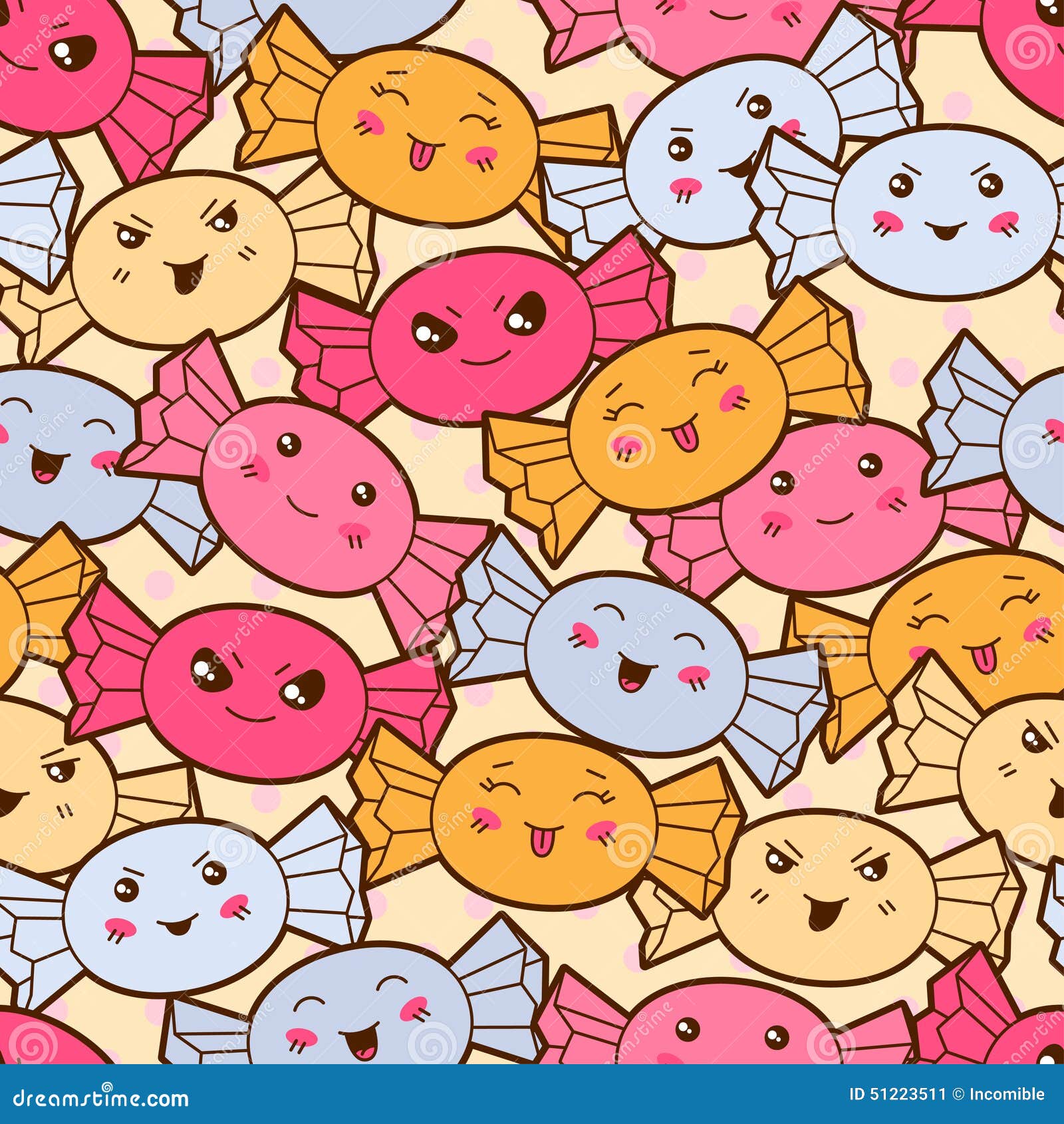 Seamless Kawaii Cartoon Pattern with Cute Candies Stock Vector