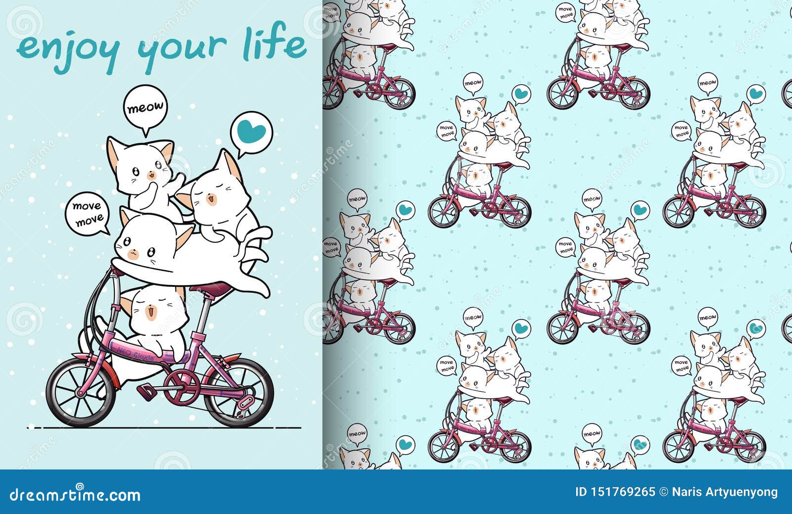 Seamless Kawaii Cat is Riding a Bicycle with Friends Pattern Stock ...