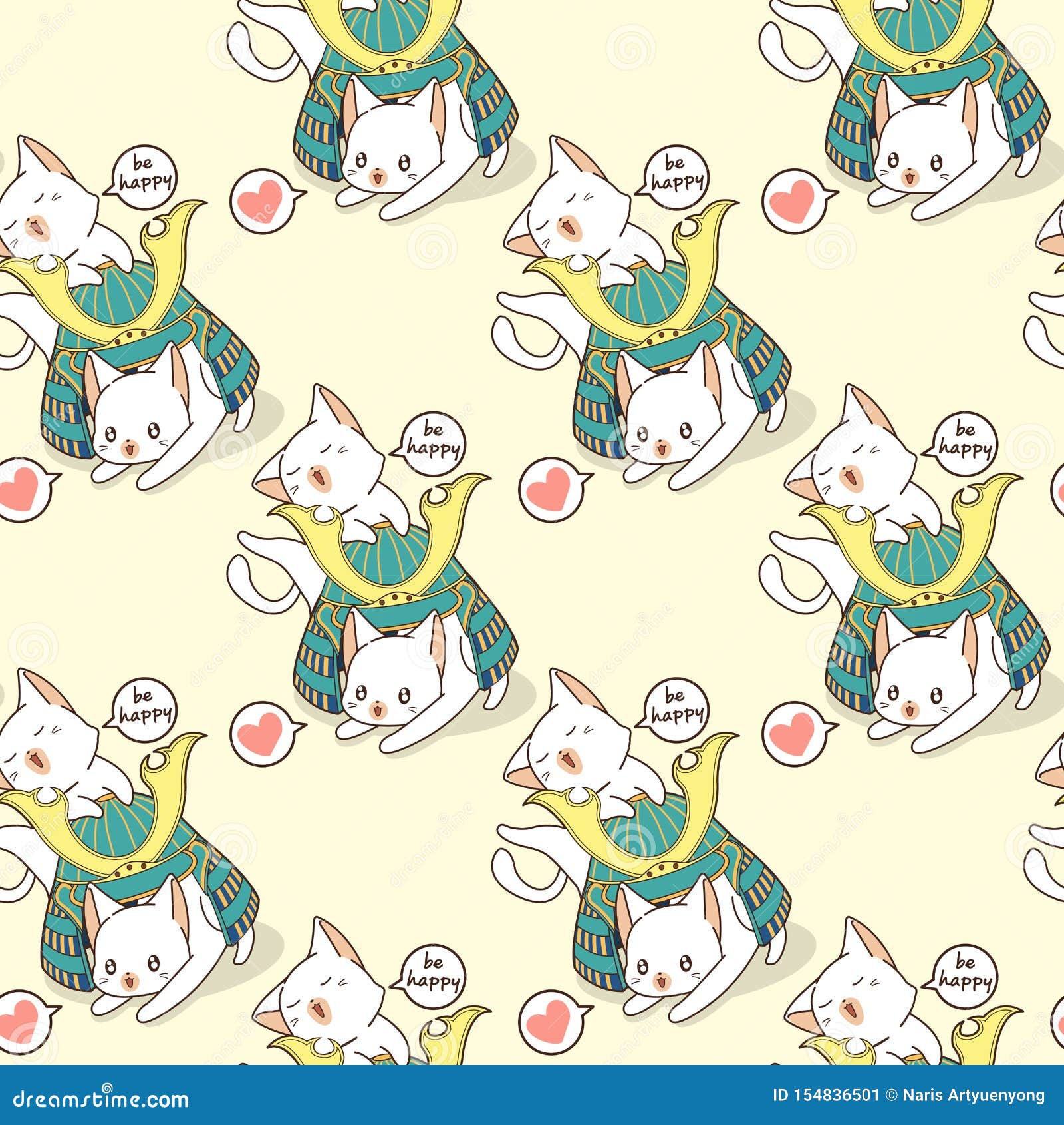 Seamless Kawaii Cats  And Samurai  Helmet Pattern  Stock 