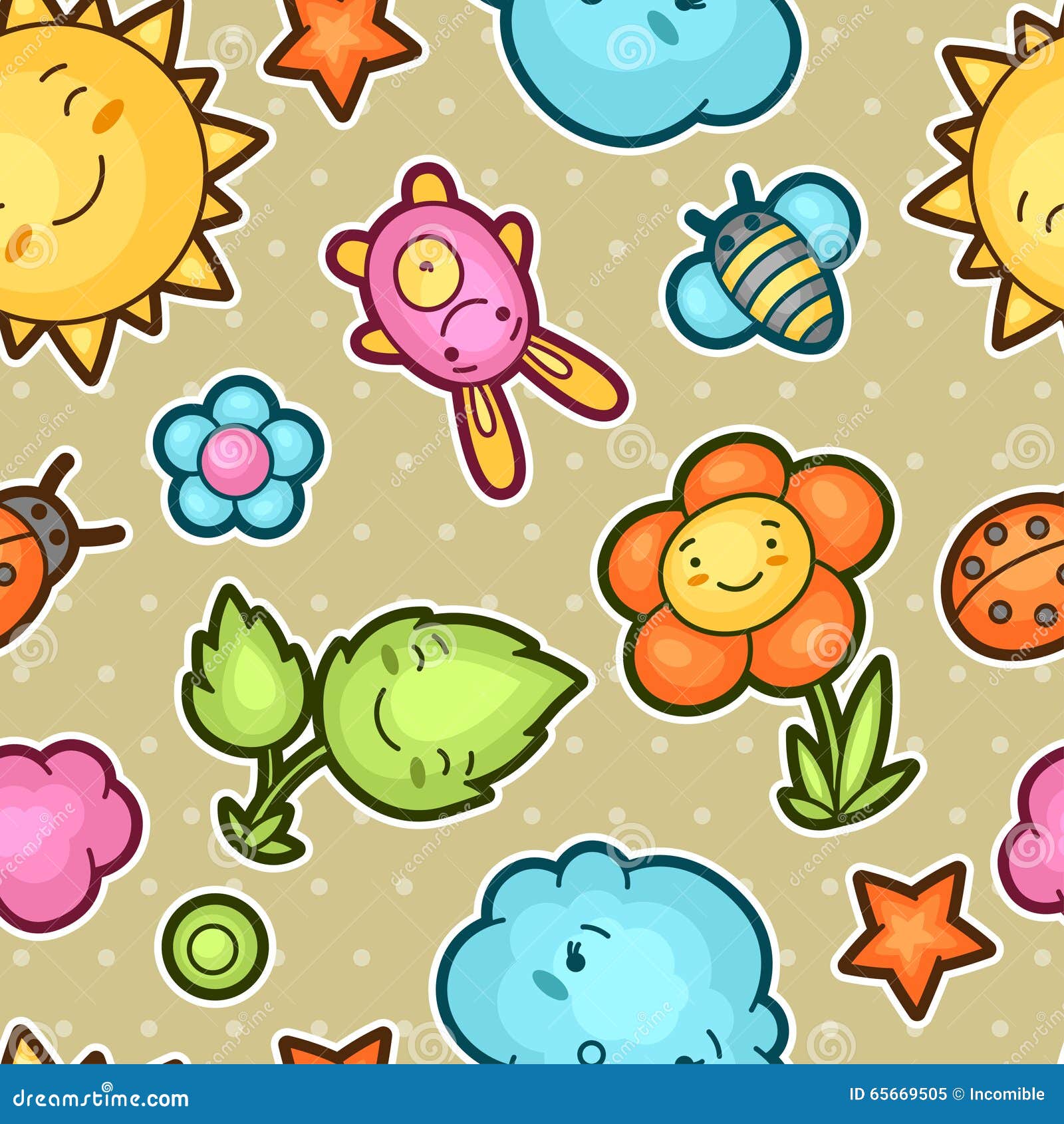 Seamless Kawaii Child Pattern With Cute Doodles Spring Collection
