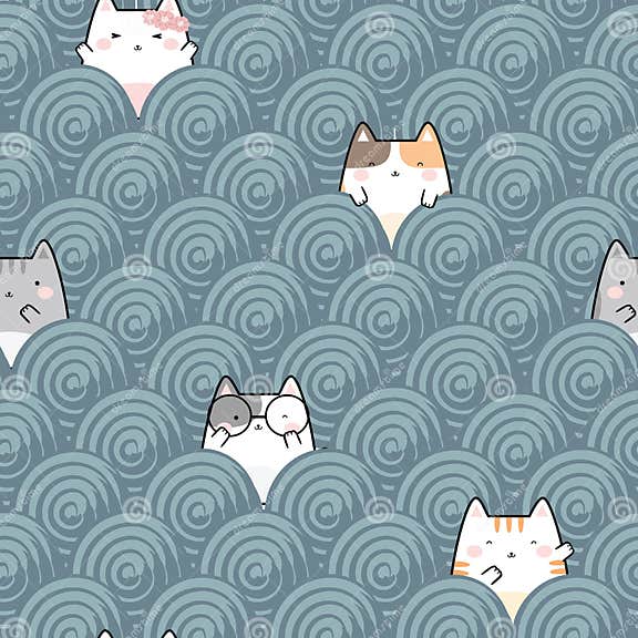 Seamless Kawaii Cute Cat in Swirl Pattern Stock Vector Illustration