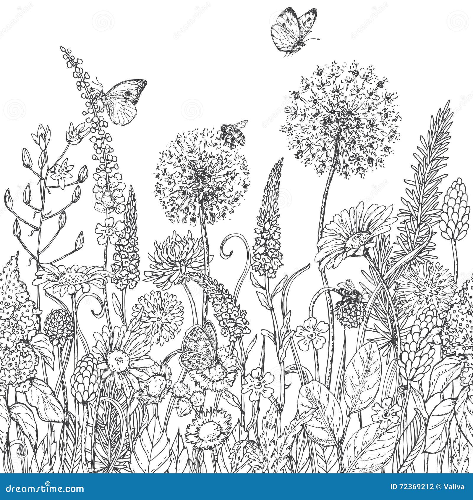 Seamless Line Pattern With Wildflowers And Insects Stock