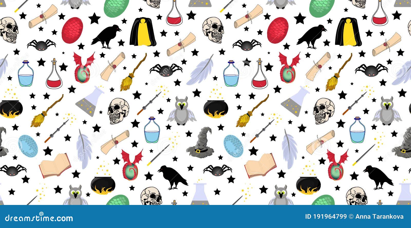 seamless magic pattern. halloween items and s. magic wand and cloak of invisibility. school of magic and wizardry