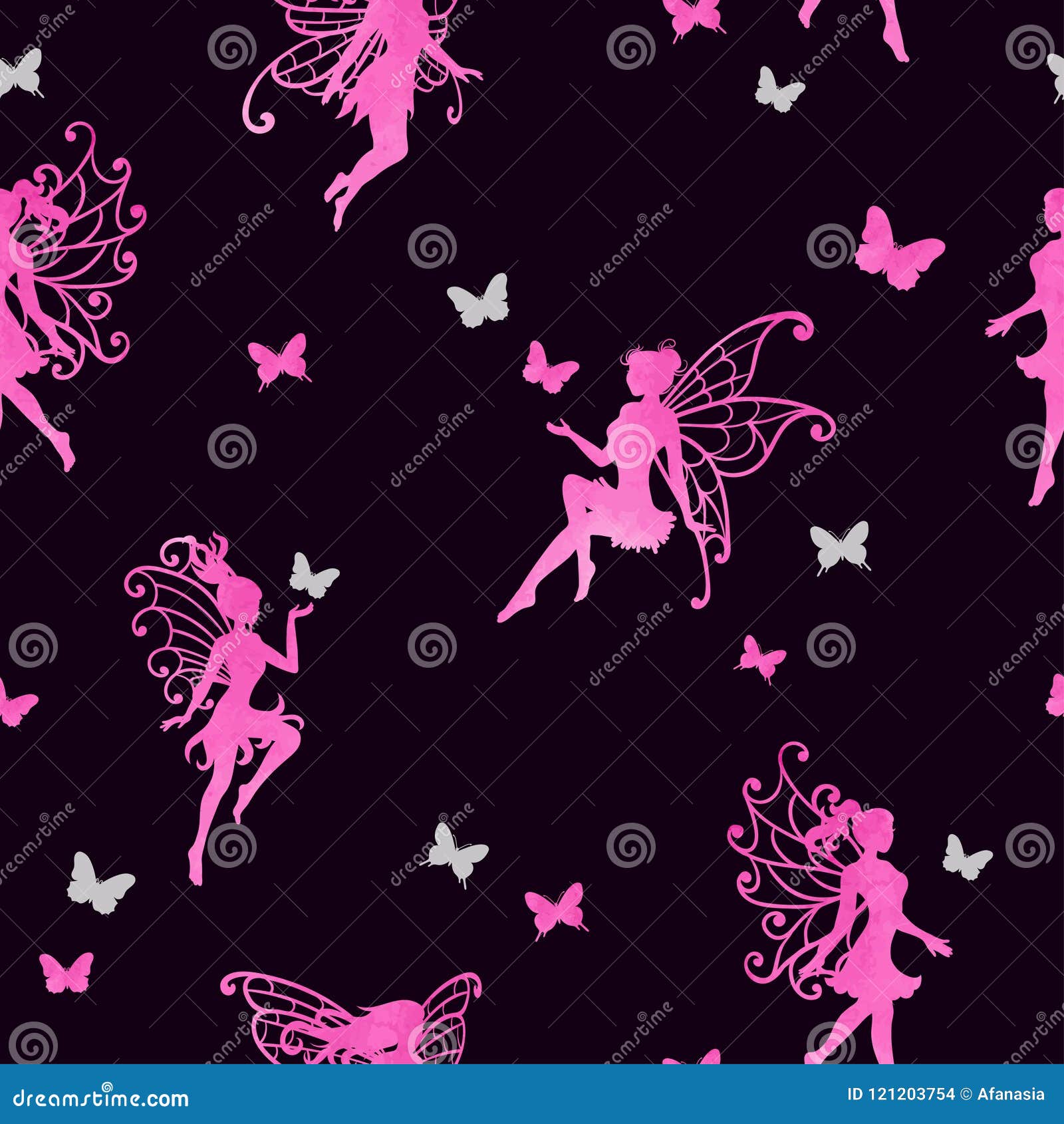 Seamless Magical Pattern With Watercolor Pink Fairies And