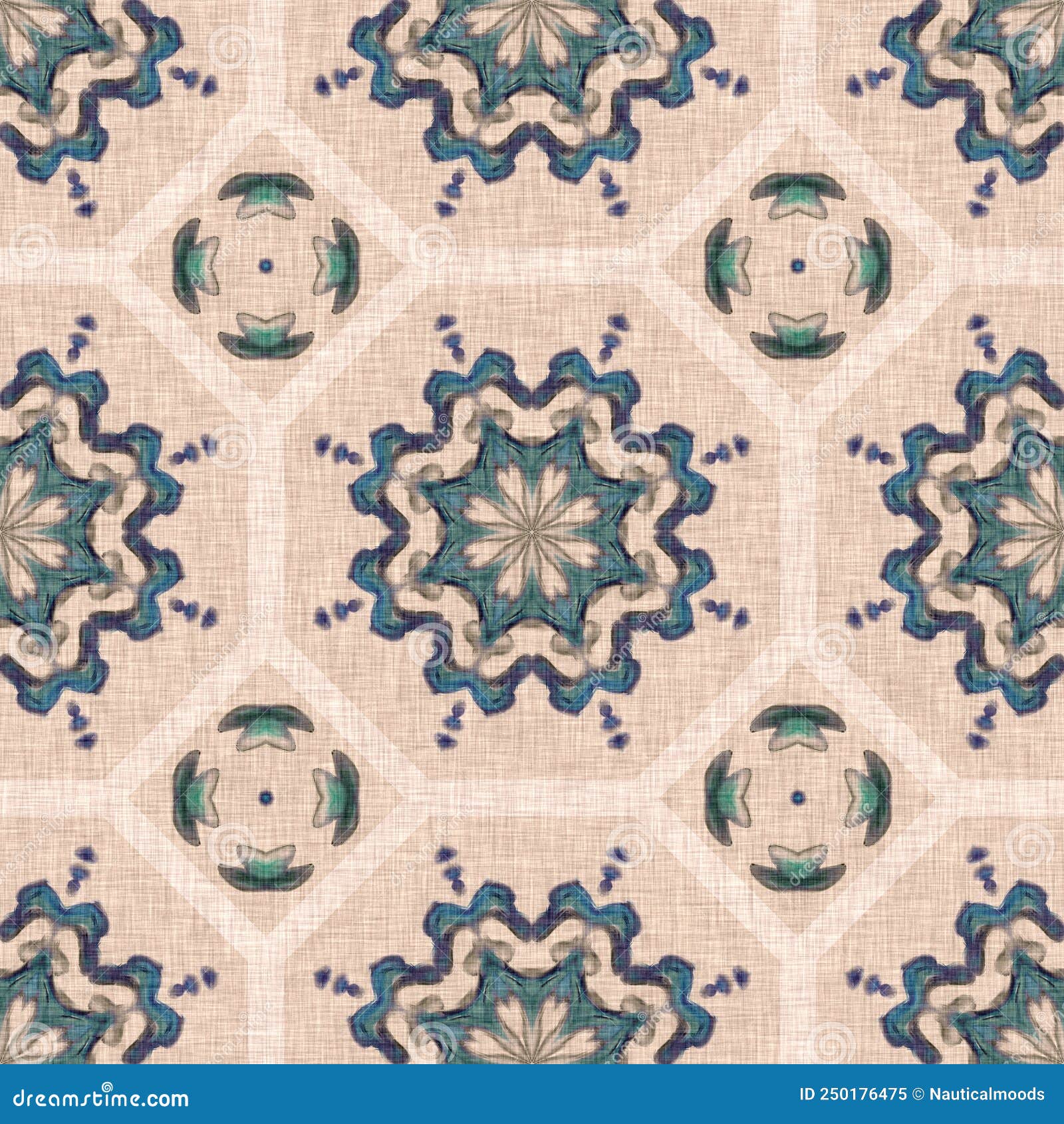 coastal coral reef geometric quilt style linen pattern. seamless marine fabric effect background for nautical home decor