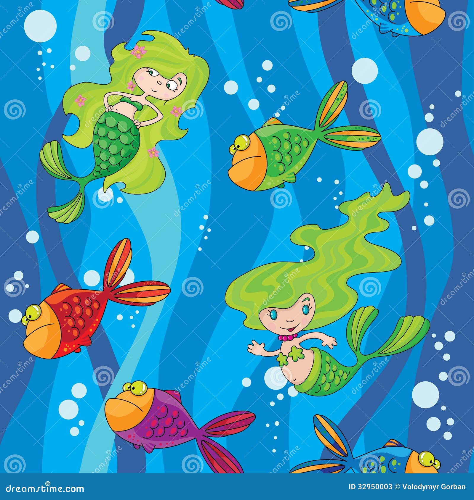 Seamless Mermaids Fish In Water With Waves Stock Vector Illustration
