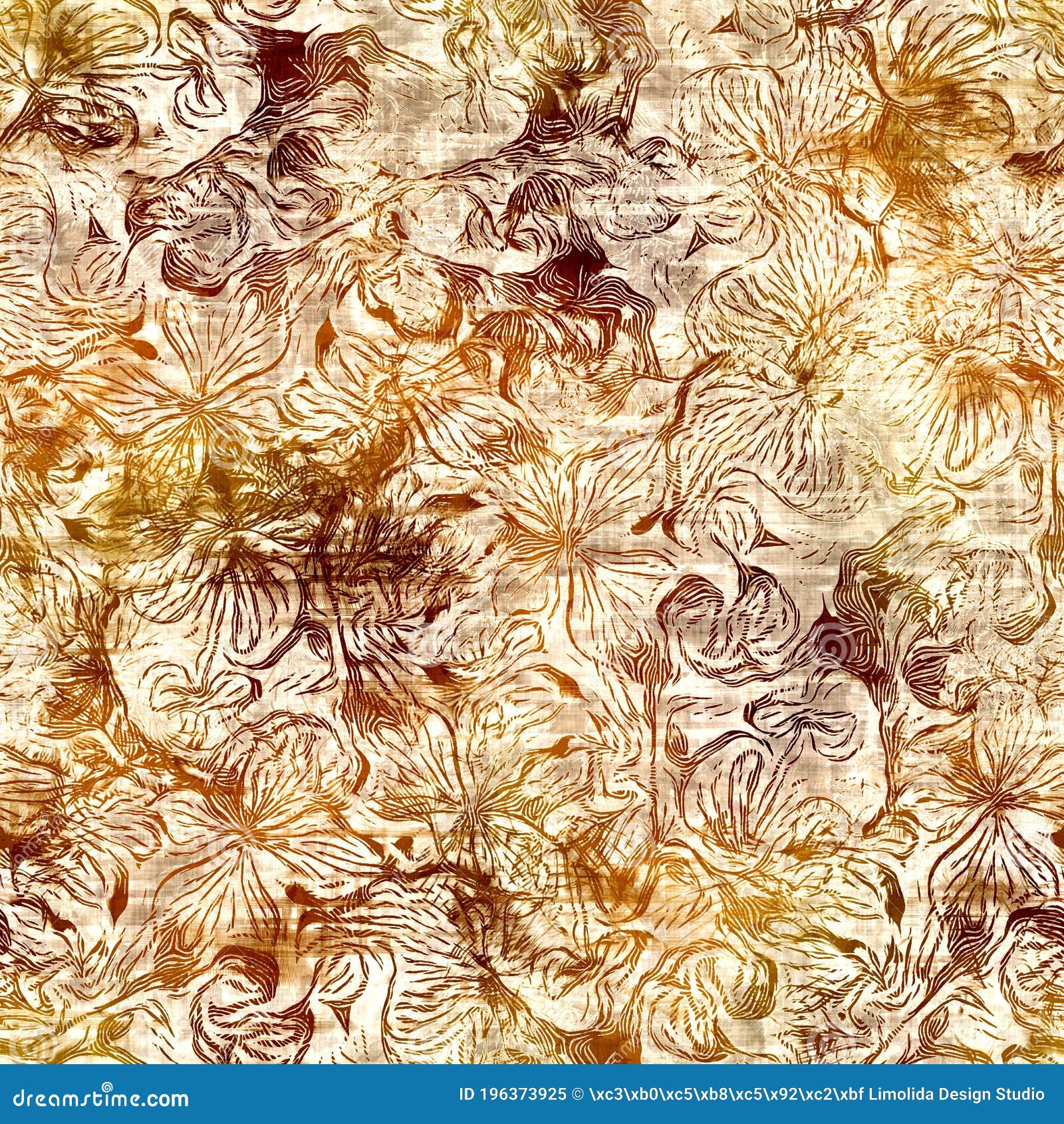 Seamless Modern Sepia Brown Flower Blockprint Print. Grunge Watercolor ...