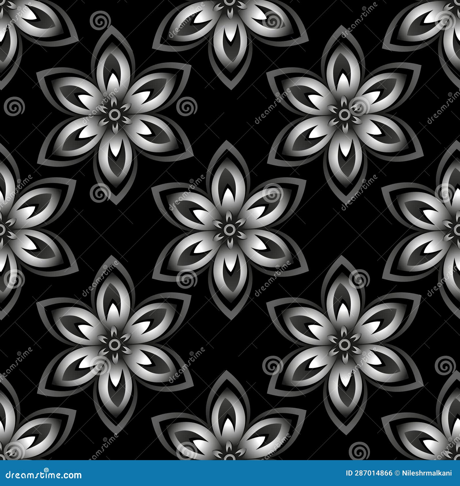 Seamless Ornamental Floral Pattern on Black Background Stock