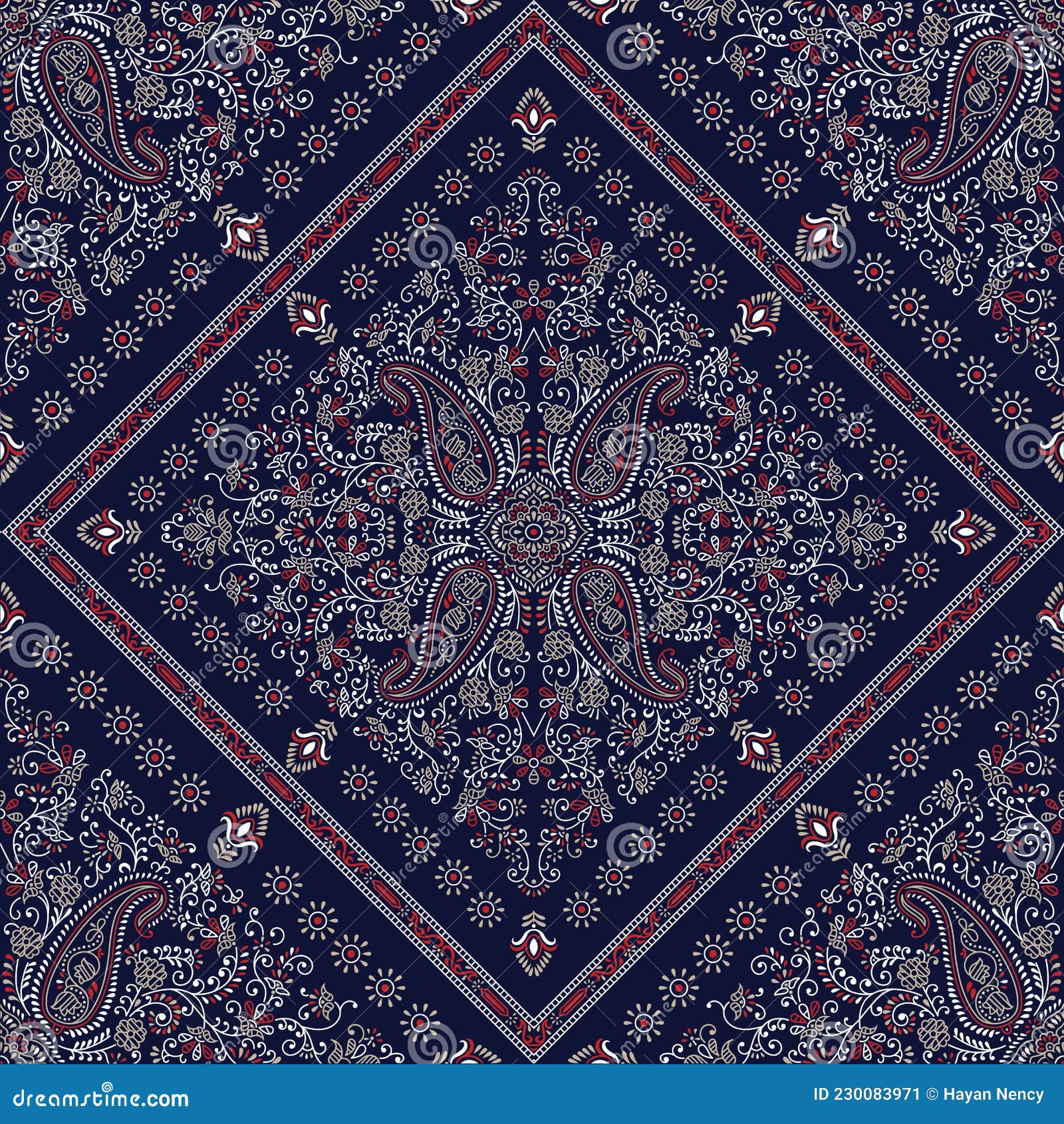 Seamless Paisley Patchwork Pattern on Navy Background Stock Vector