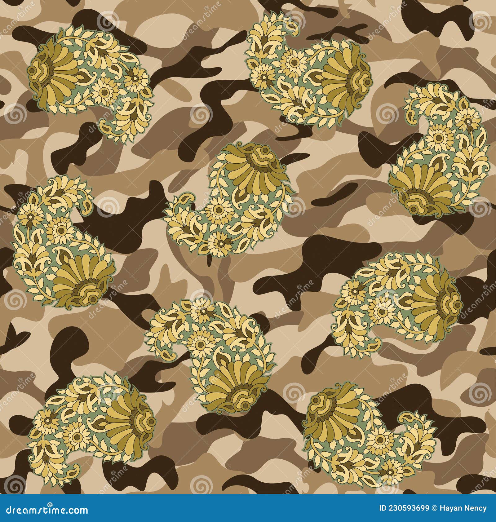 Seamless Paisley Pattern on Camouflage Background Stock Vector