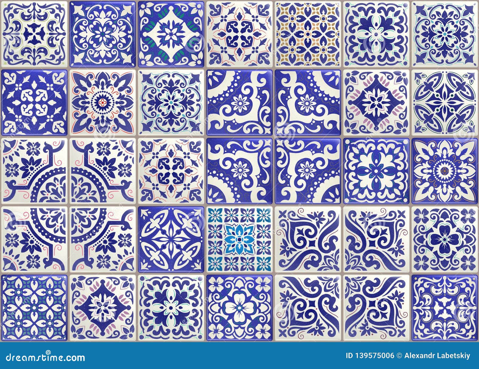 seamless patchwork tile with victorian motives. majolica pottery tile, colored azulejo, original traditional portuguese