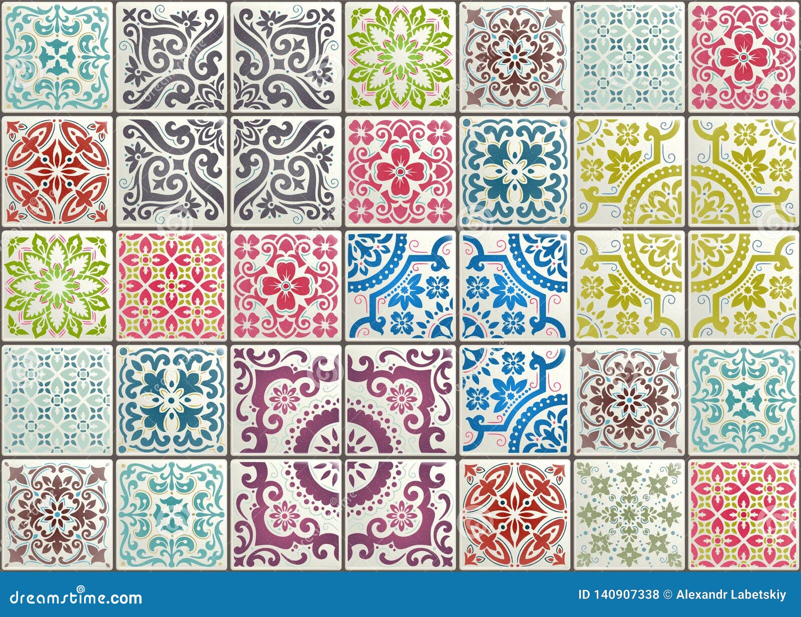 seamless patchwork tile with victorian motives. majolica pottery tile, colored azulejo, original traditional portuguese