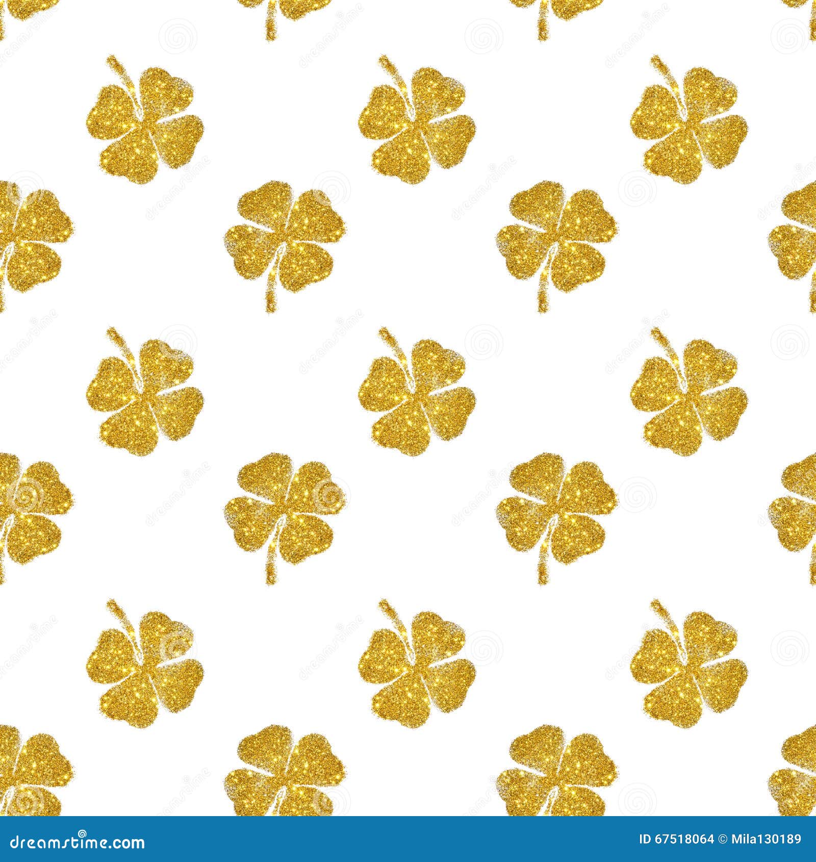 Seamless Pattern of Abstract Fourleaf Clovers of Gold Glitter Stock
