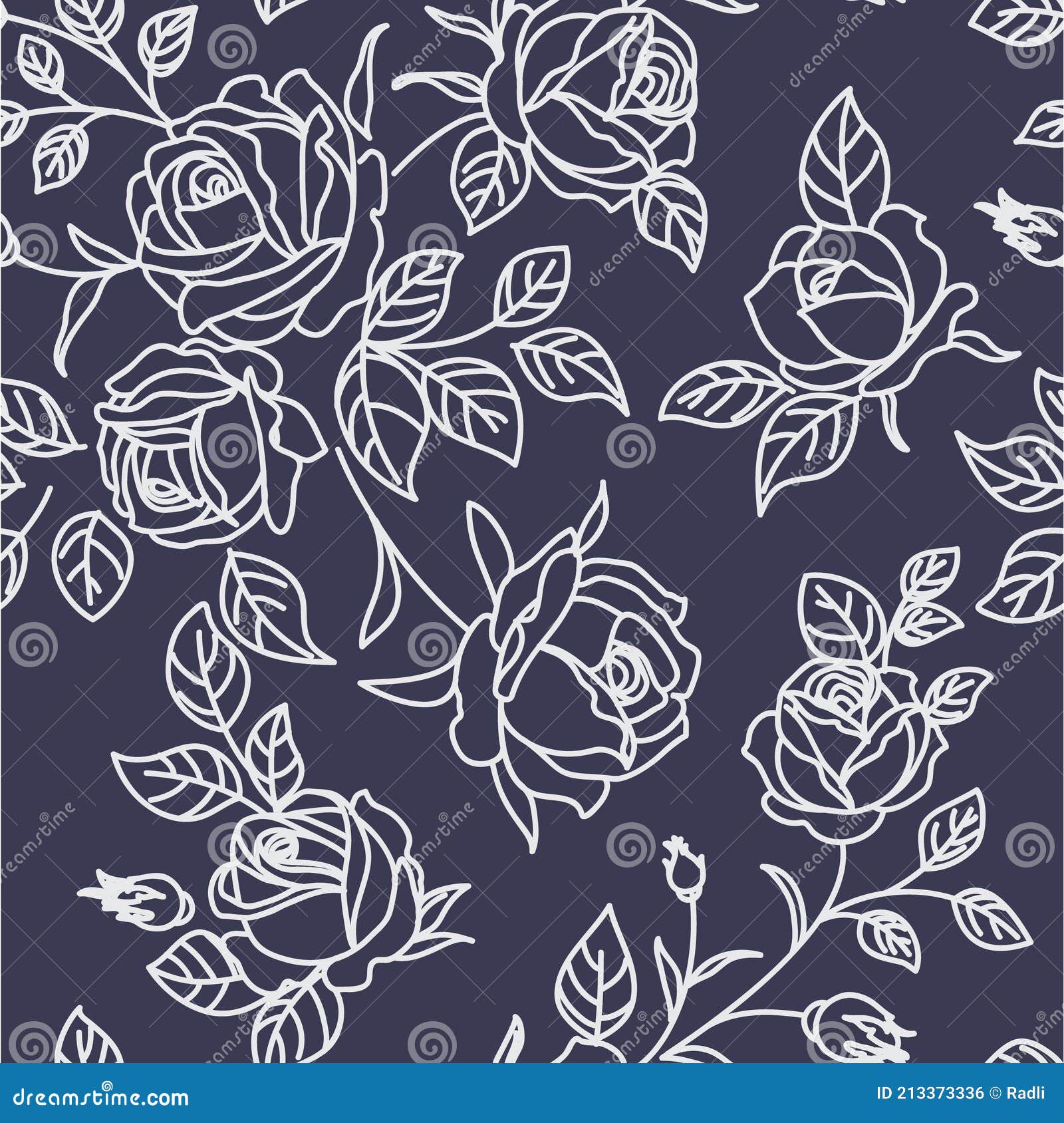 Seamless pattern with abstract garden roses, with buds and leaves silhouette. Black background with blossoming outline flowers. Vintage floral hand drawn wallpaper. Vector stock illustration