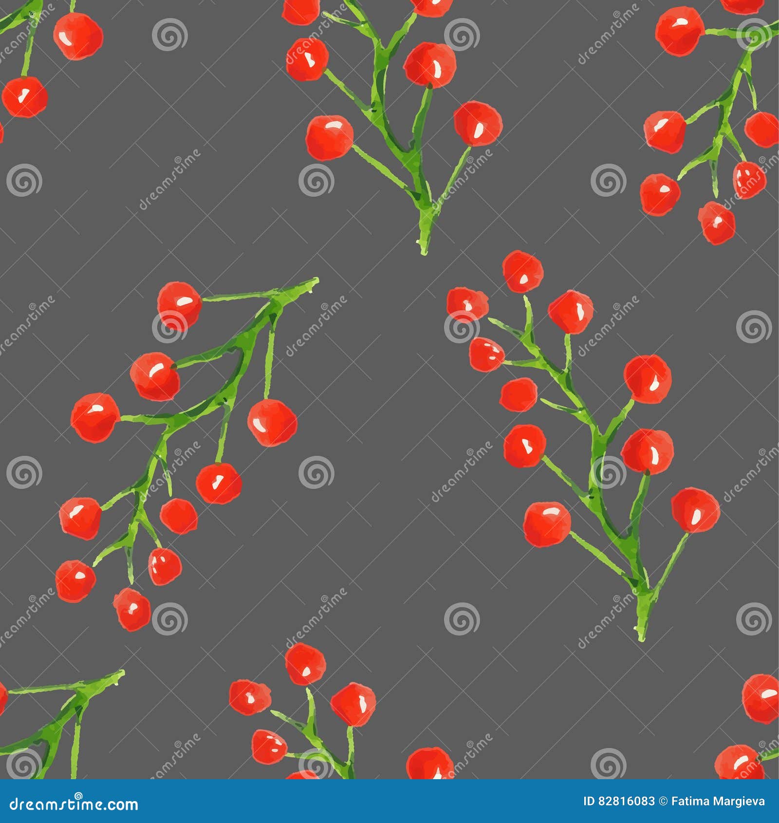 Seamless Pattern with Abstract Watercolor Red Berries on a Gray