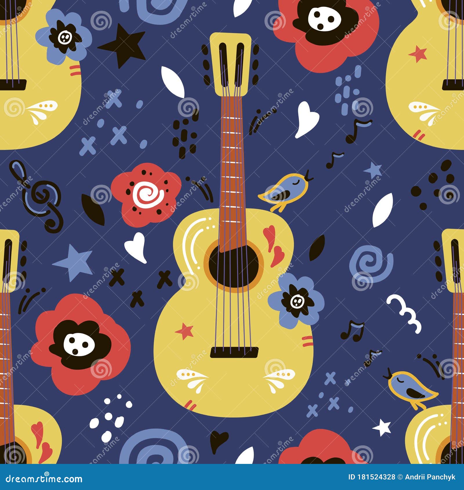 Seamless Pattern. Acoustic Guitar. on Blue Background. Stock Vector