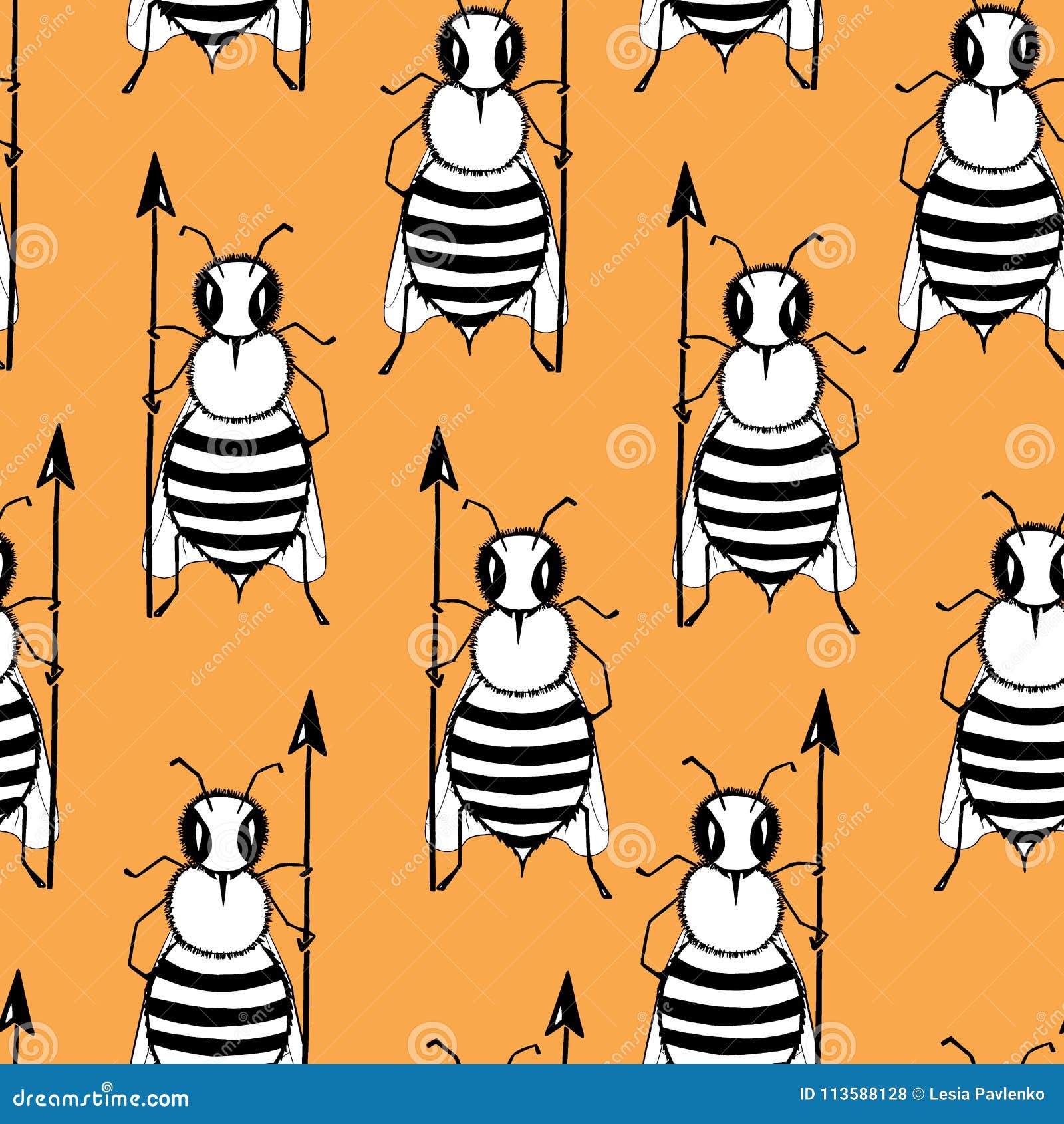 Seamless Pattern with Angry Killer Bees on the Orange Background