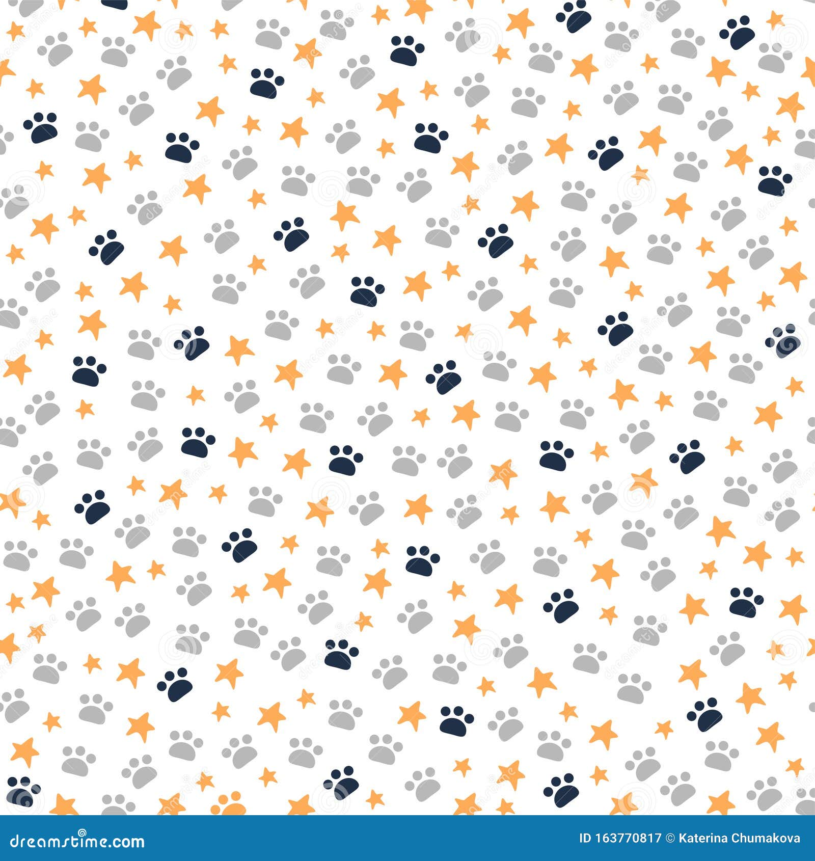 seamless pattern with animal paws trace and stars  on white background.