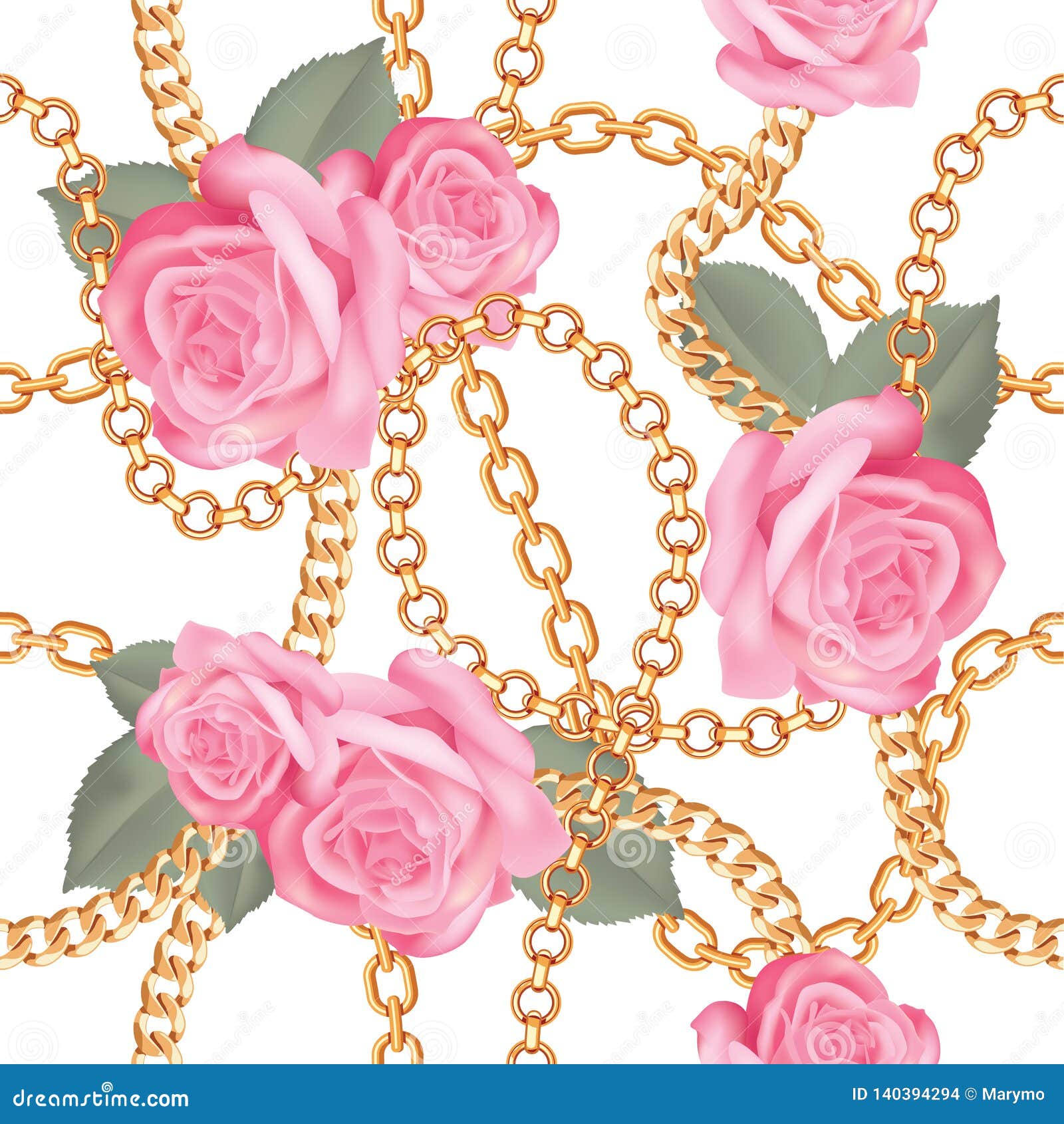 Seamless Pattern Background with Golden Chains and Pink Realistic Roses