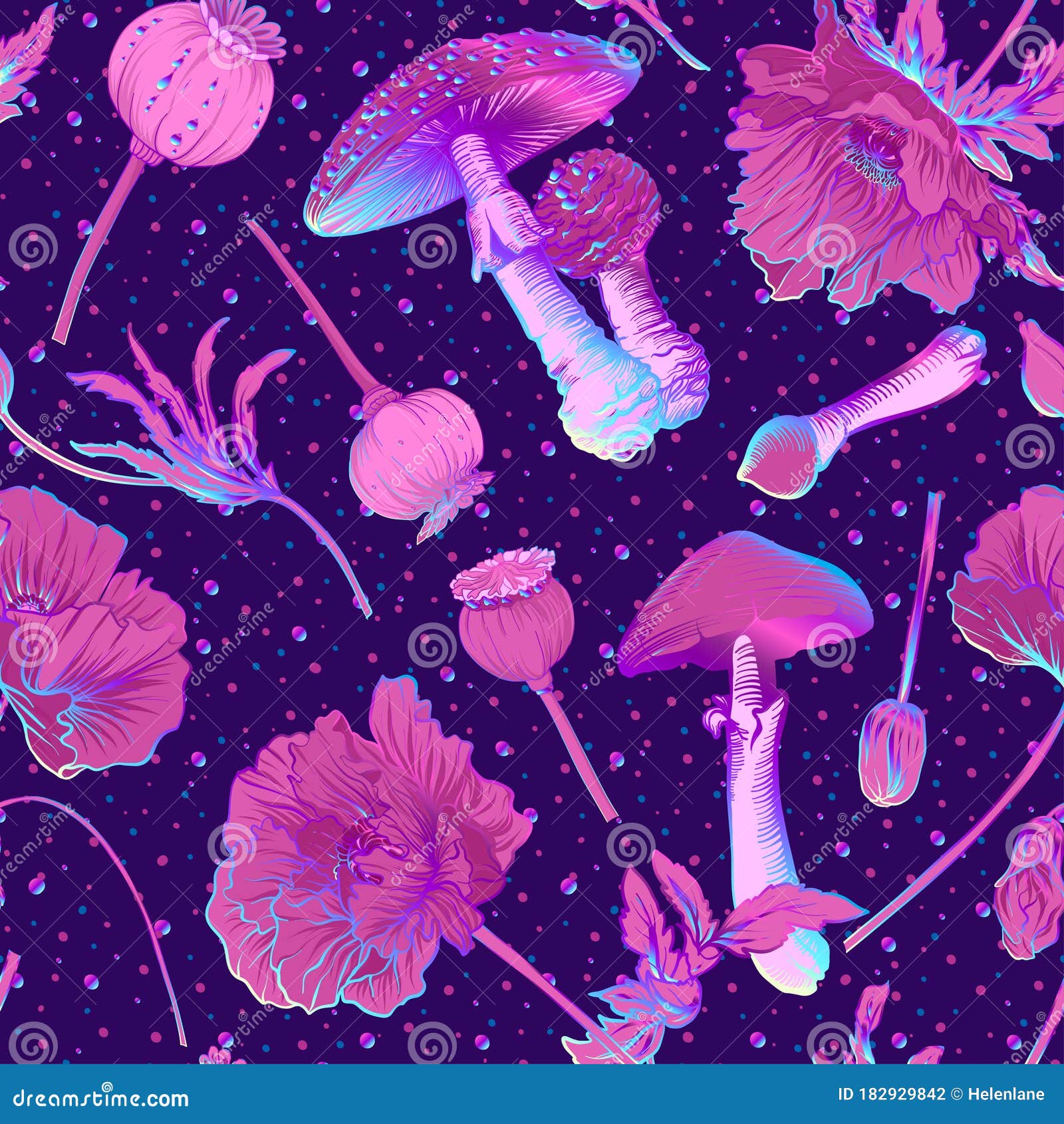 seamless pattern, background with miraculous, hallucinogenic plants