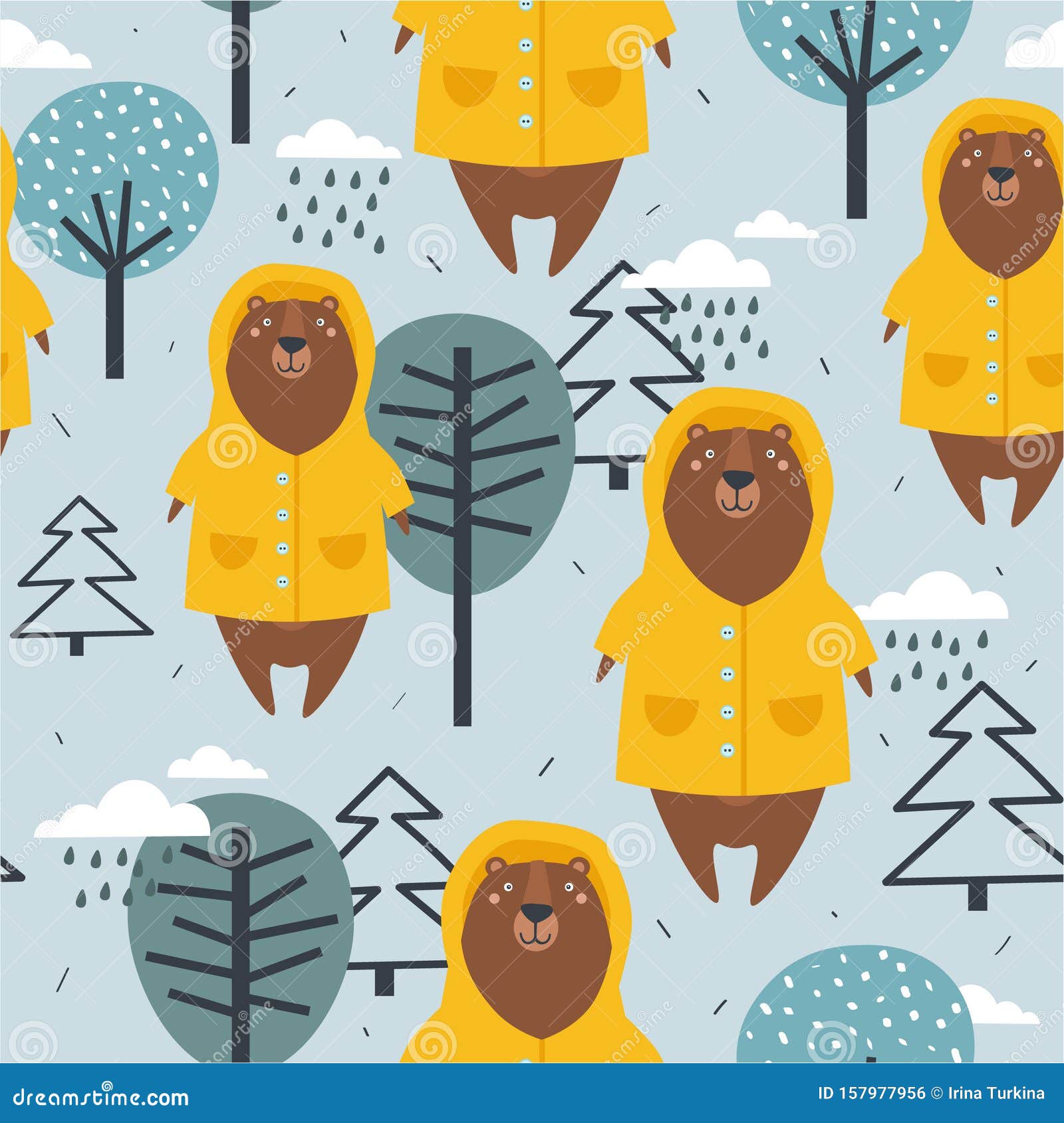 Colorful Seamless Pattern, Happy Bears in Raincoats, Fir Trees and