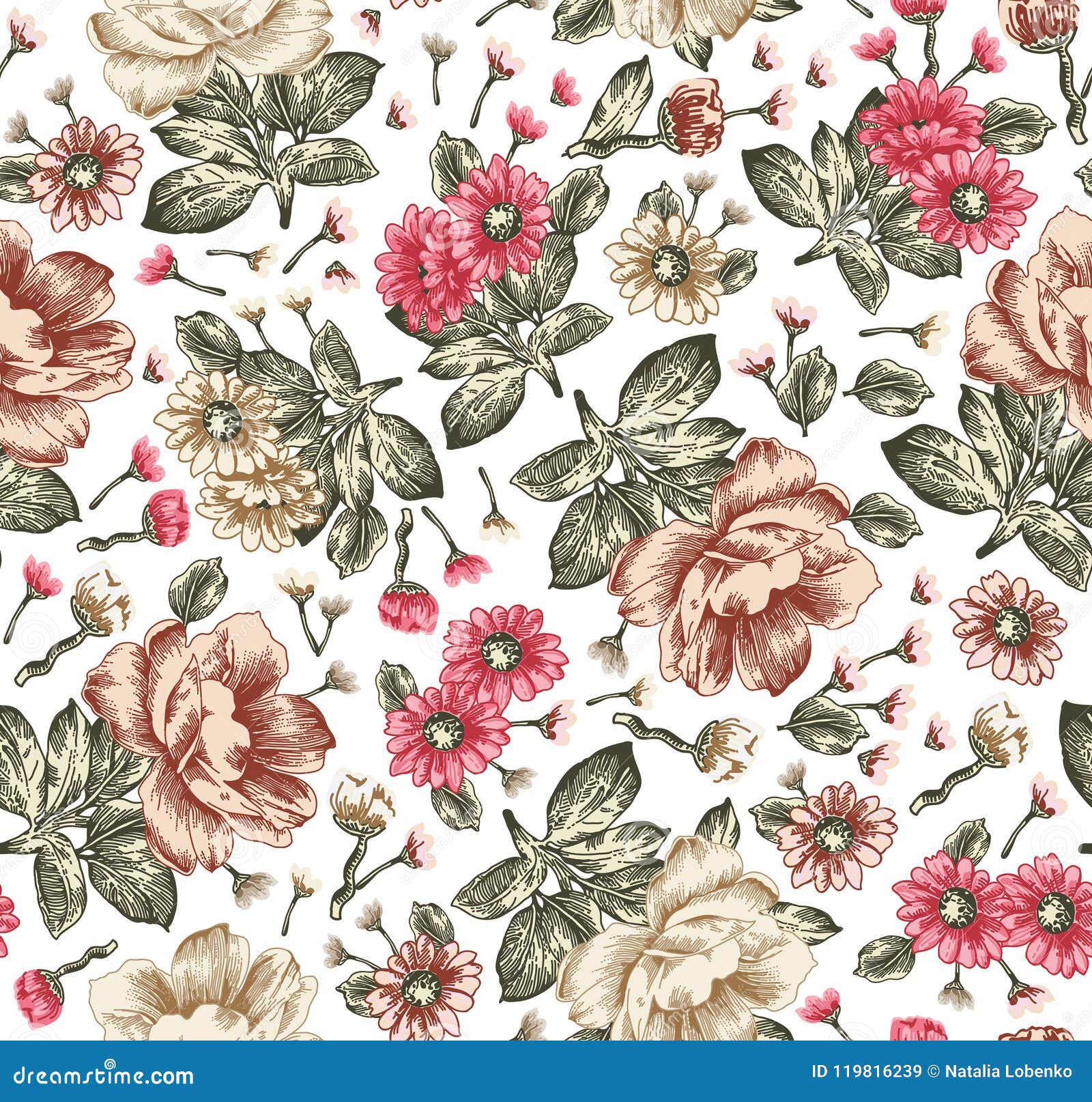 Seamless Pattern. Beautiful Blooming Realistic Isolated Flowers ...