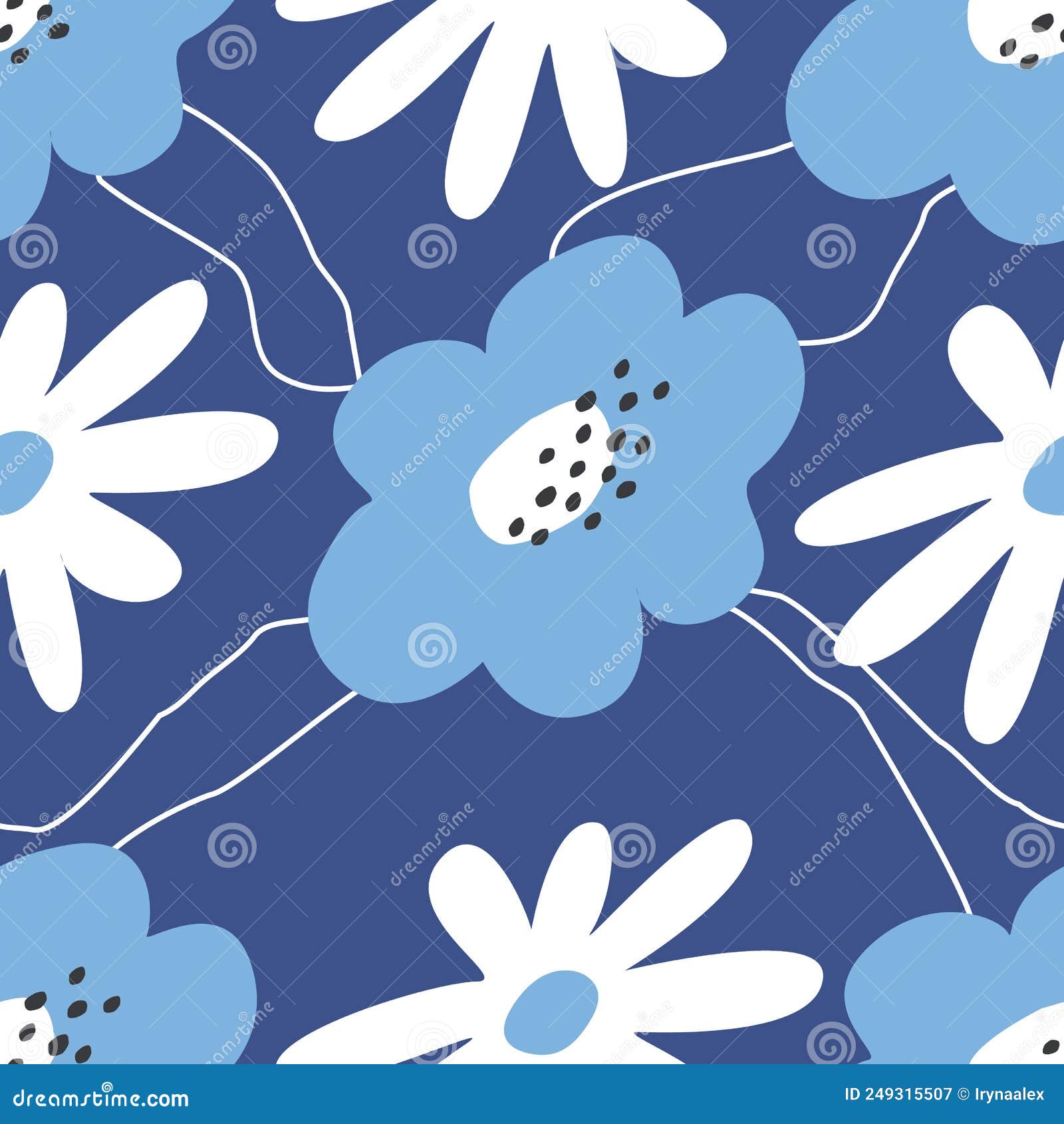 Seamless Pattern with Big White and Blue Flowers. Abstract Floral