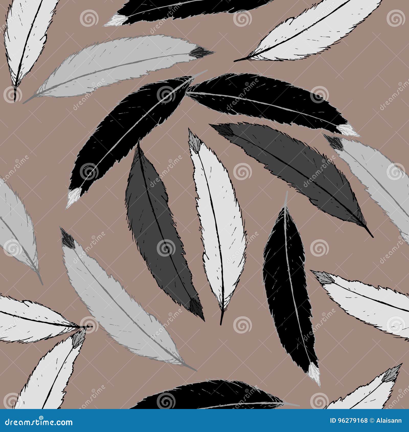 Seamless Pattern with Black, Gray and White Feathers Stock Vector