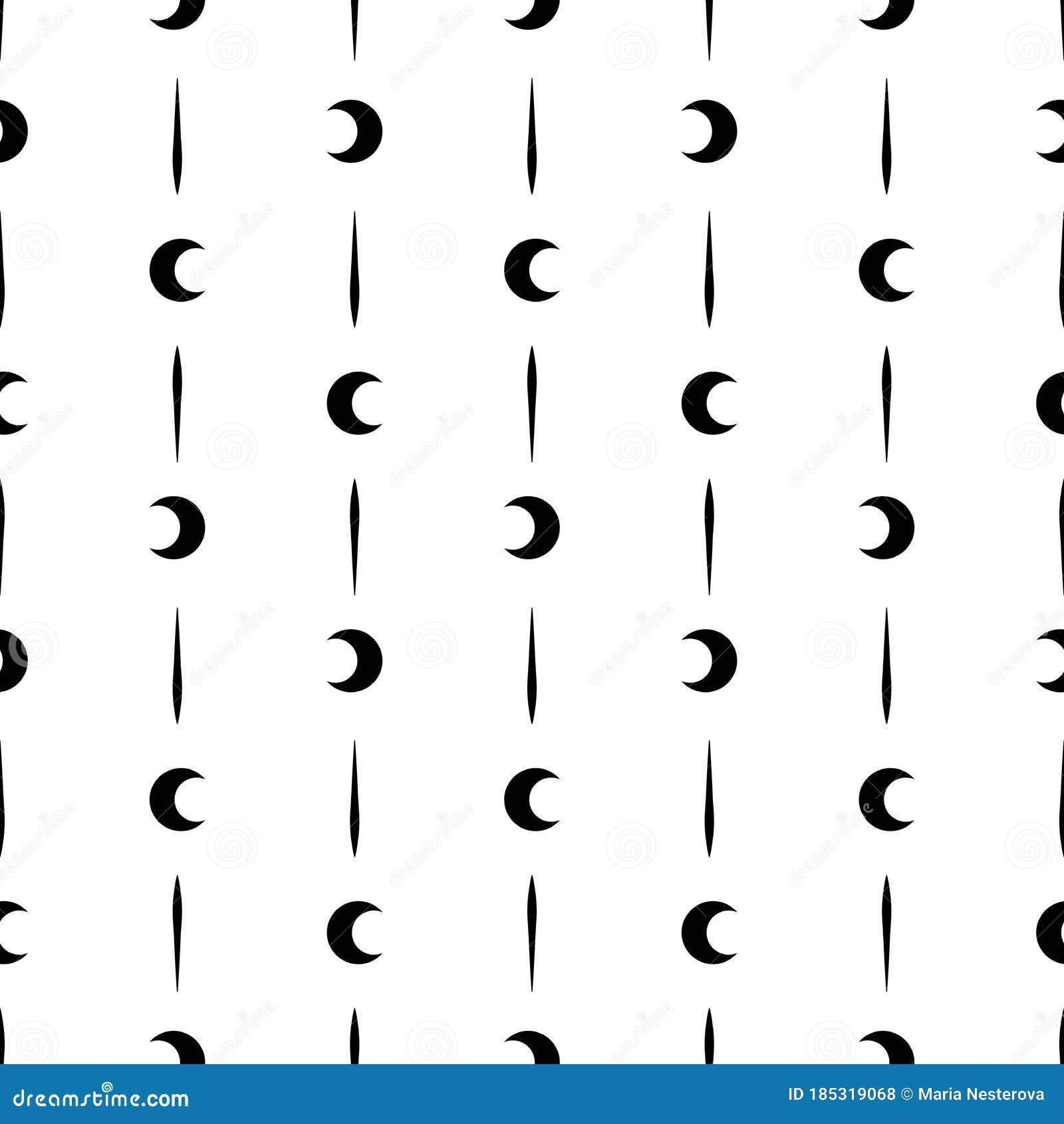 Seamless Pattern with Black Half Moon, Crescents on White Background