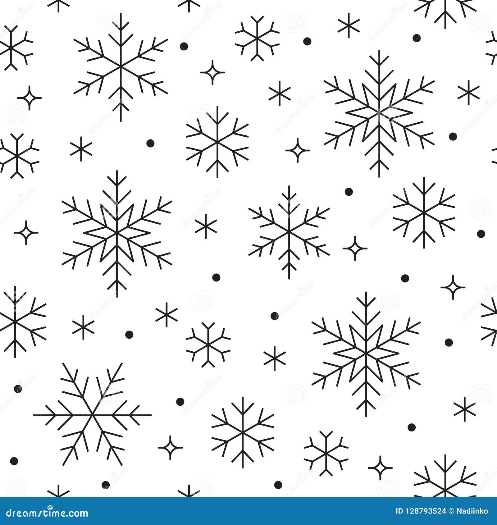 seamless pattern with black snowflakes on white background. flat line snowing icons, cute snow flakes repeat wallpaper