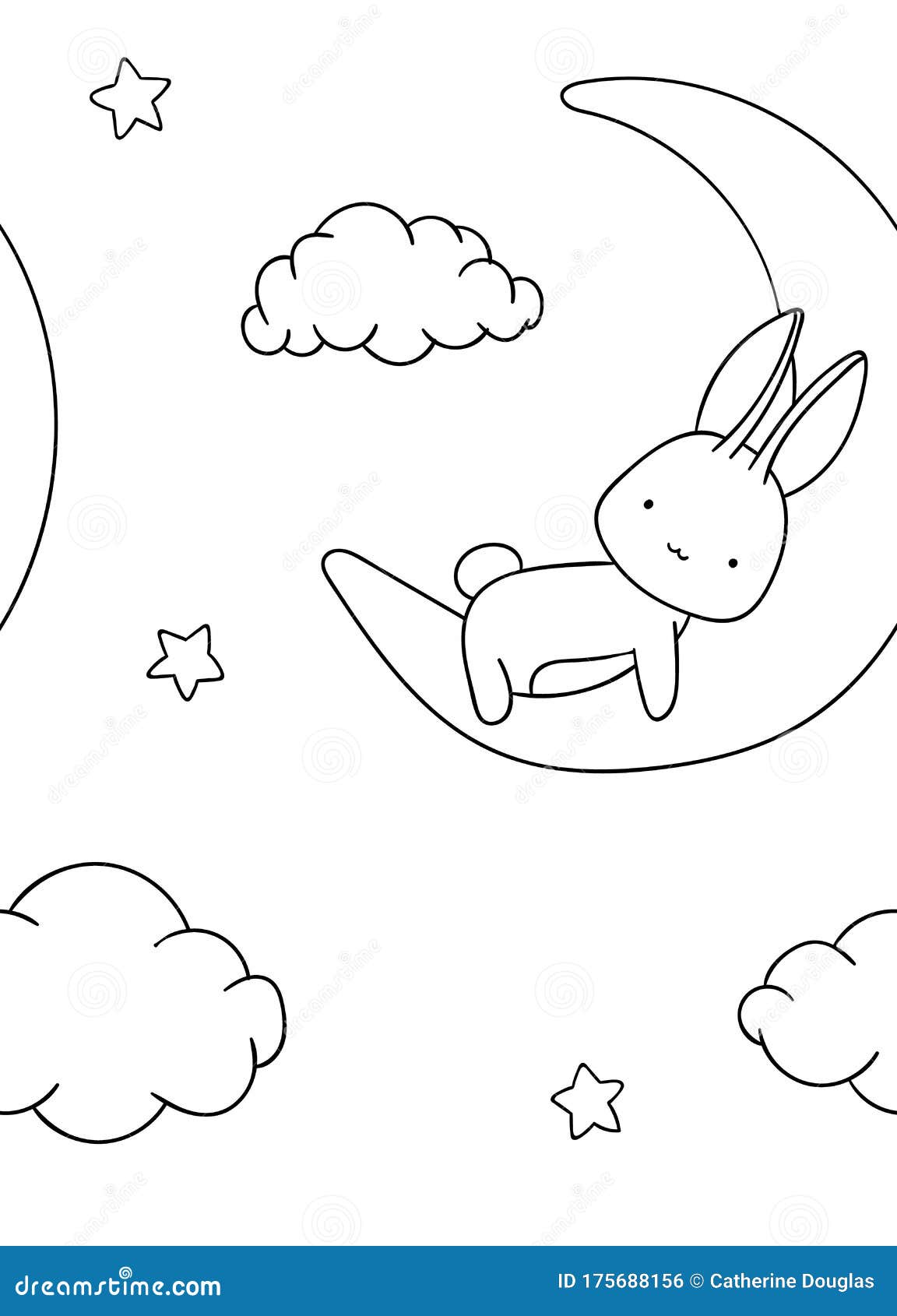 Seamless Pattern, Black and White Cute Hand Drawn Bunny, Cloud, Moon Doodle, Coloring Pages ...