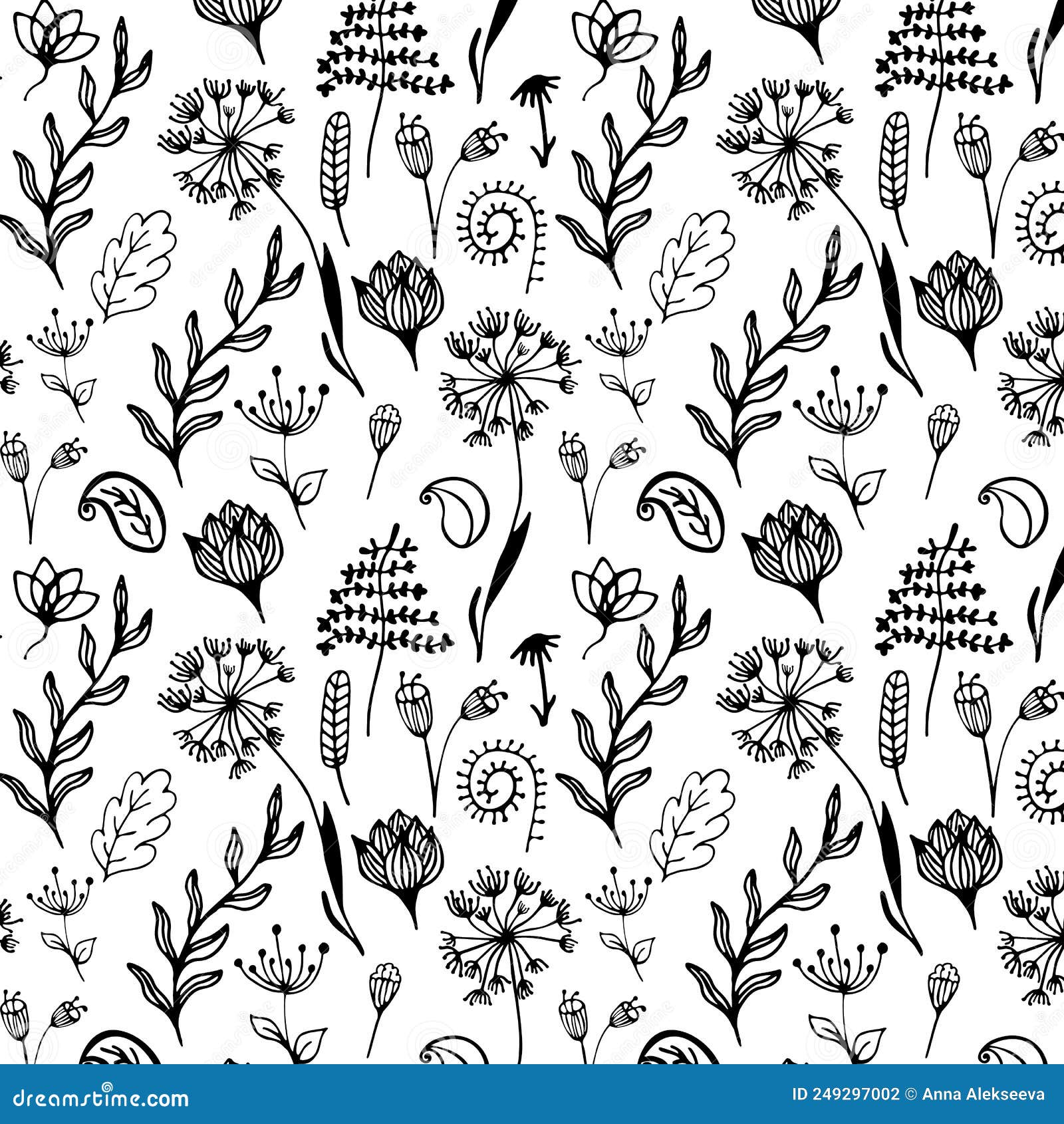 Seamless Pattern of Black and White Flowers Stock Vector Illustration