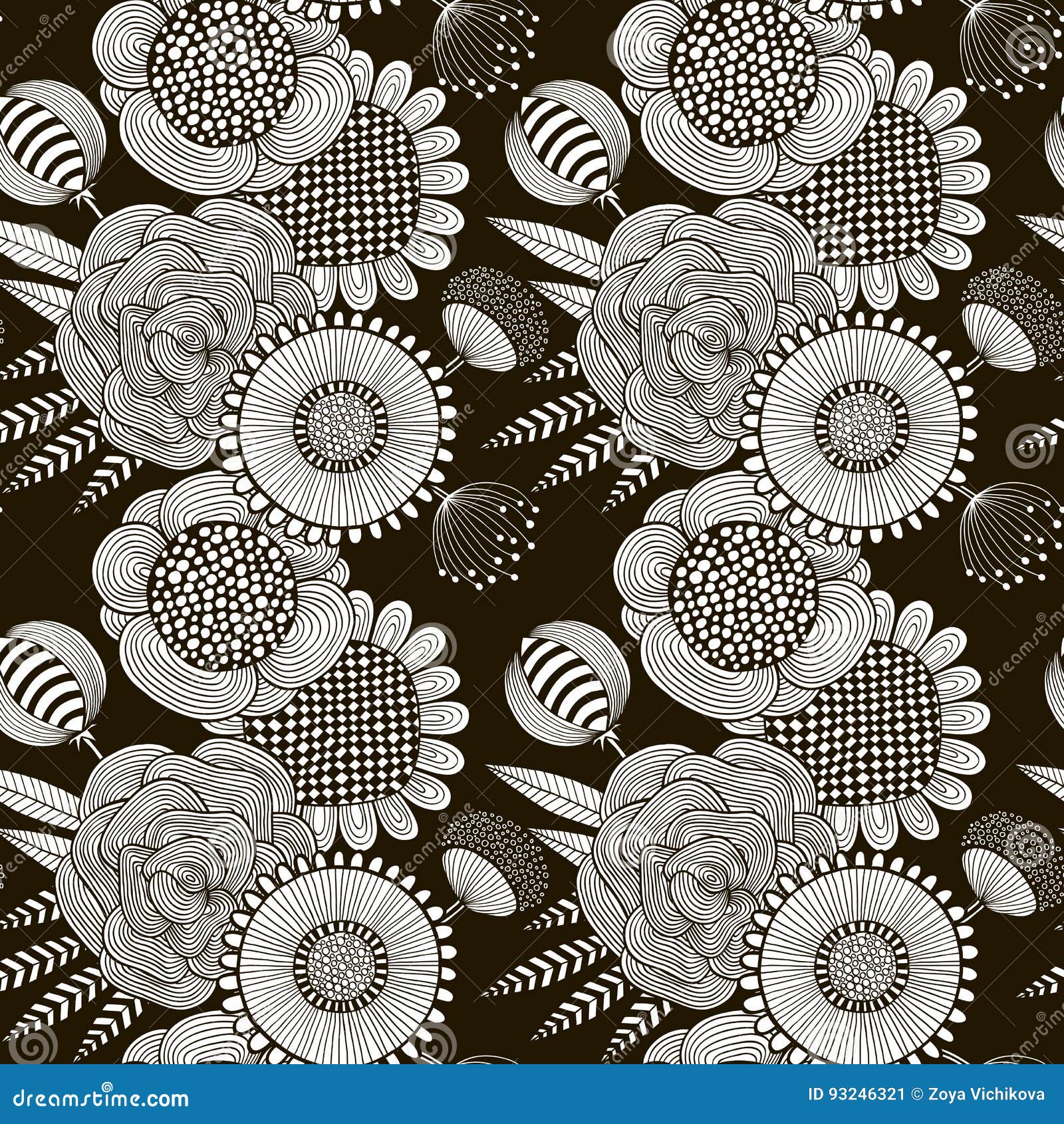 Seamless Pattern of Black and White Flowers Stock Vector Illustration