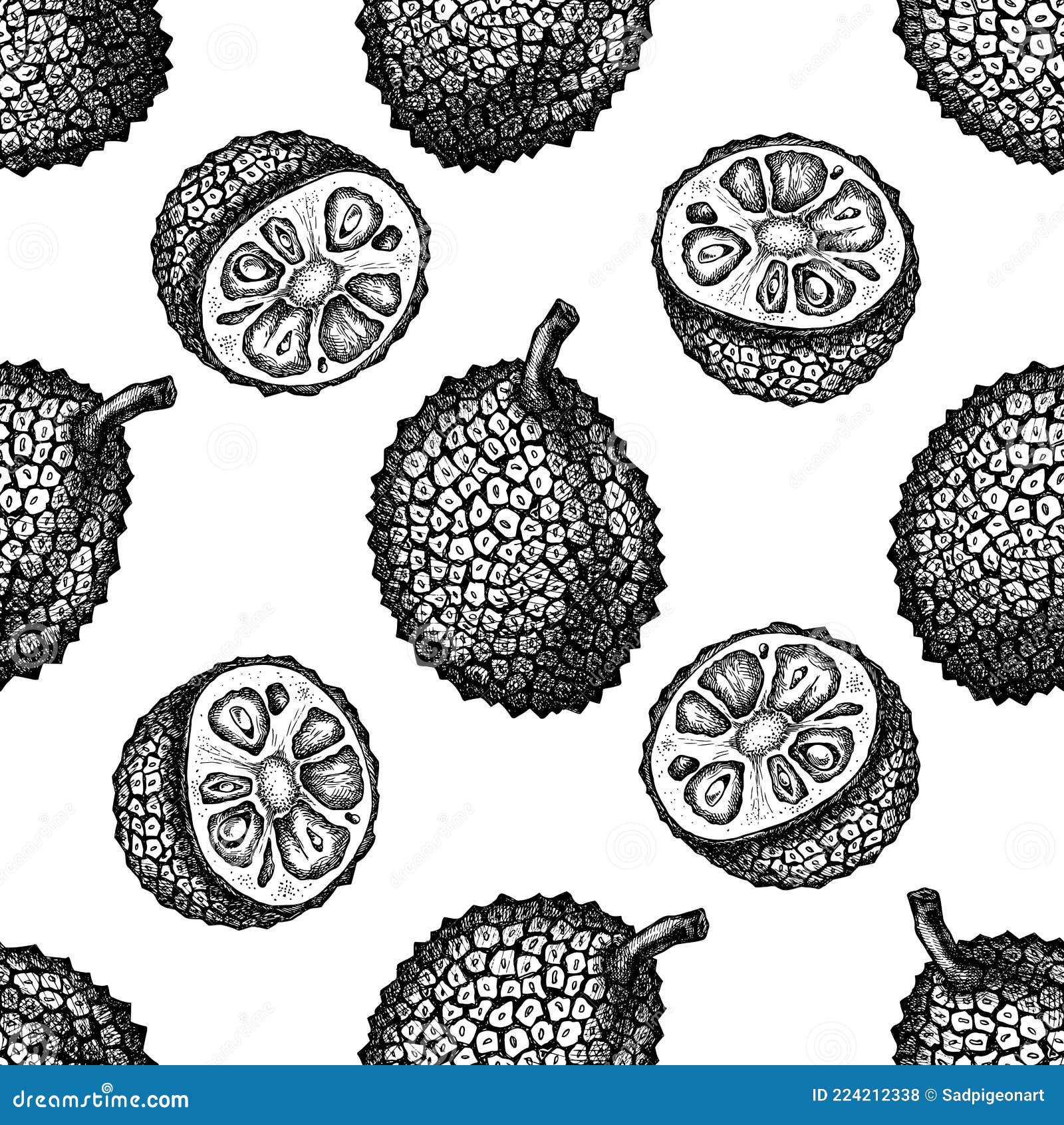 Seamless Pattern with Black and White Jackfruit Stock Vector