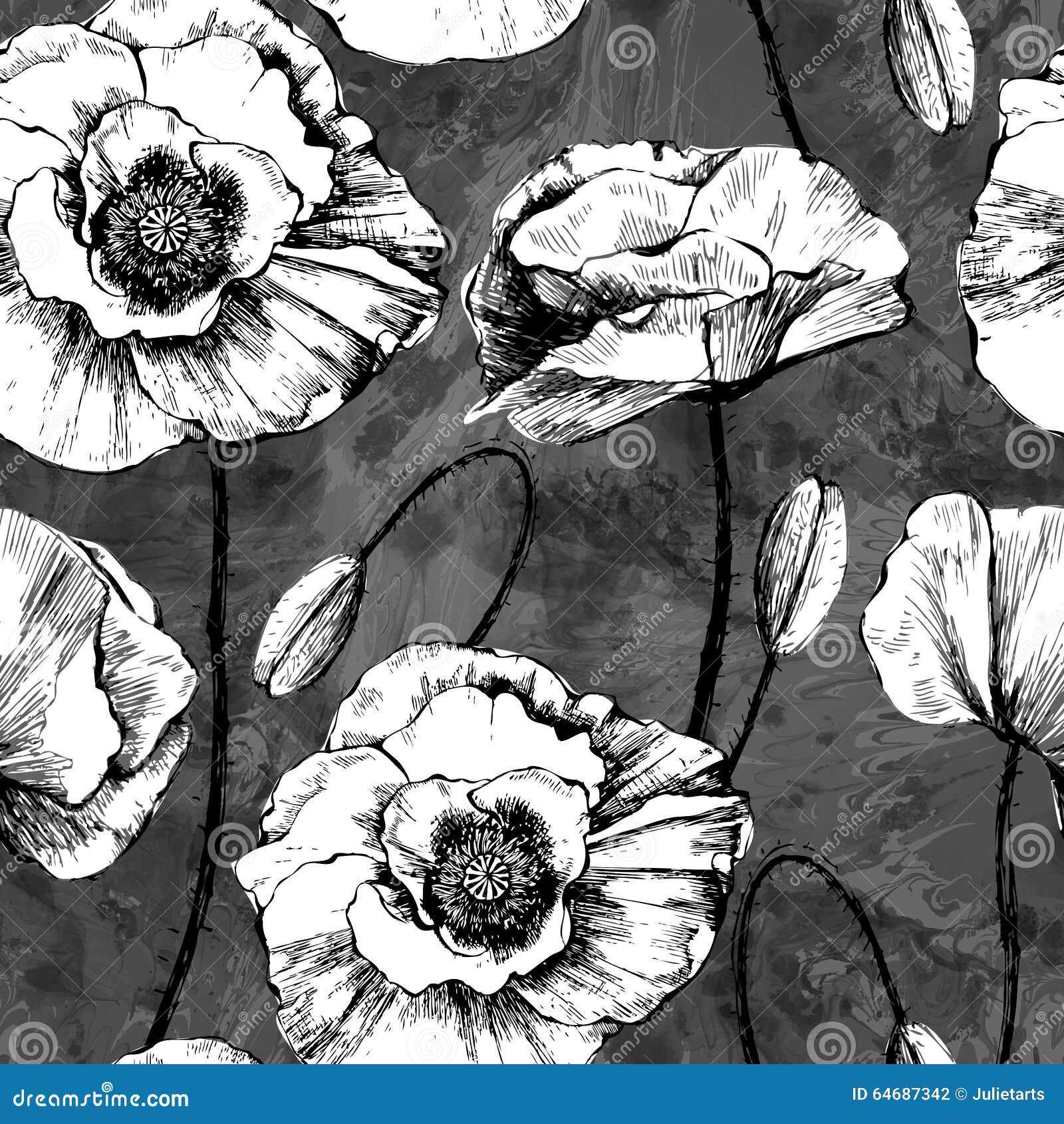 Seamless Pattern of Black and White Poppies Stock Vector Illustration of summer, floral 64687342